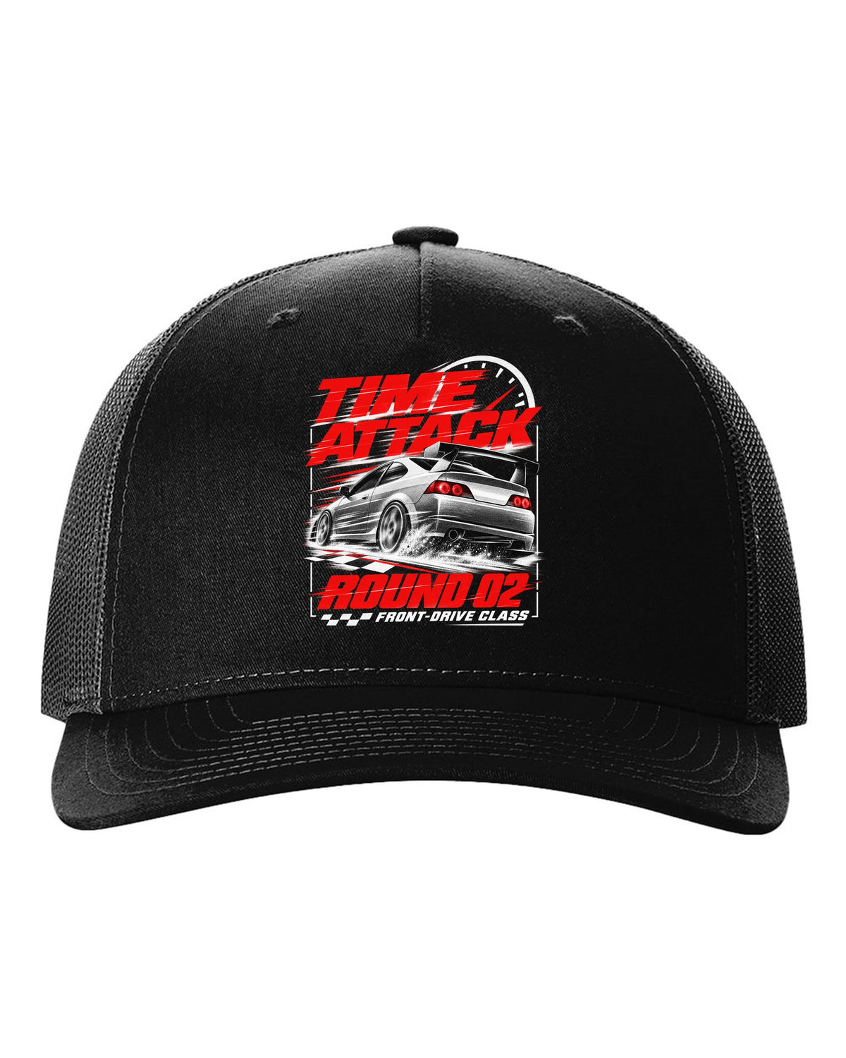 Honda Integra DC5 Type R race poster design for time attack round 02 front-drive class black hat front view with the design