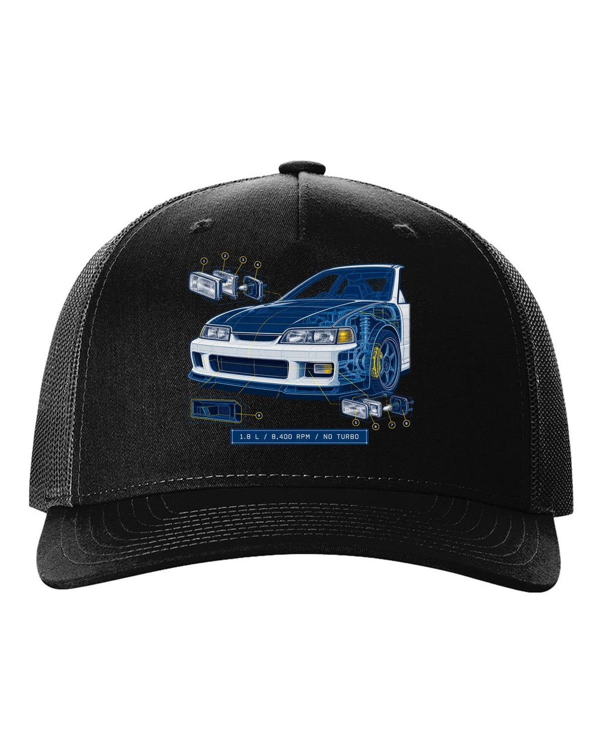 Technical blueprint design of the Honda Integra Type R DC2 with B18C specs black hat front view with the design