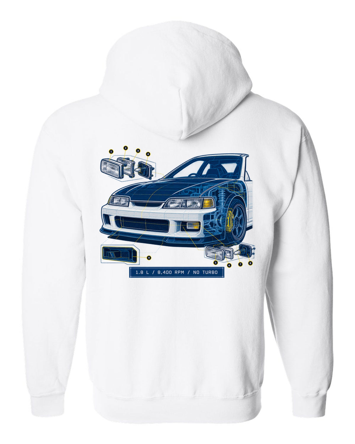 Technical blueprint design of the Honda Integra Type R DC2 with B18C specs white zip hoodie back view with the design