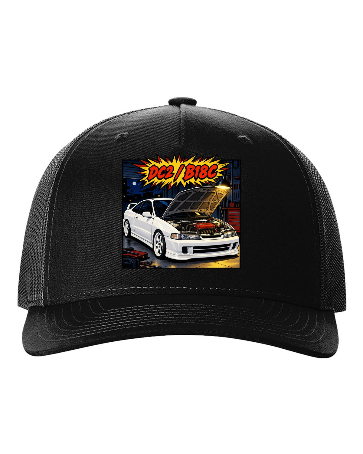 Comic book panel action burst print of a Honda Integra Type R DC2 with bonnet up and B18C text black hat front view with the design