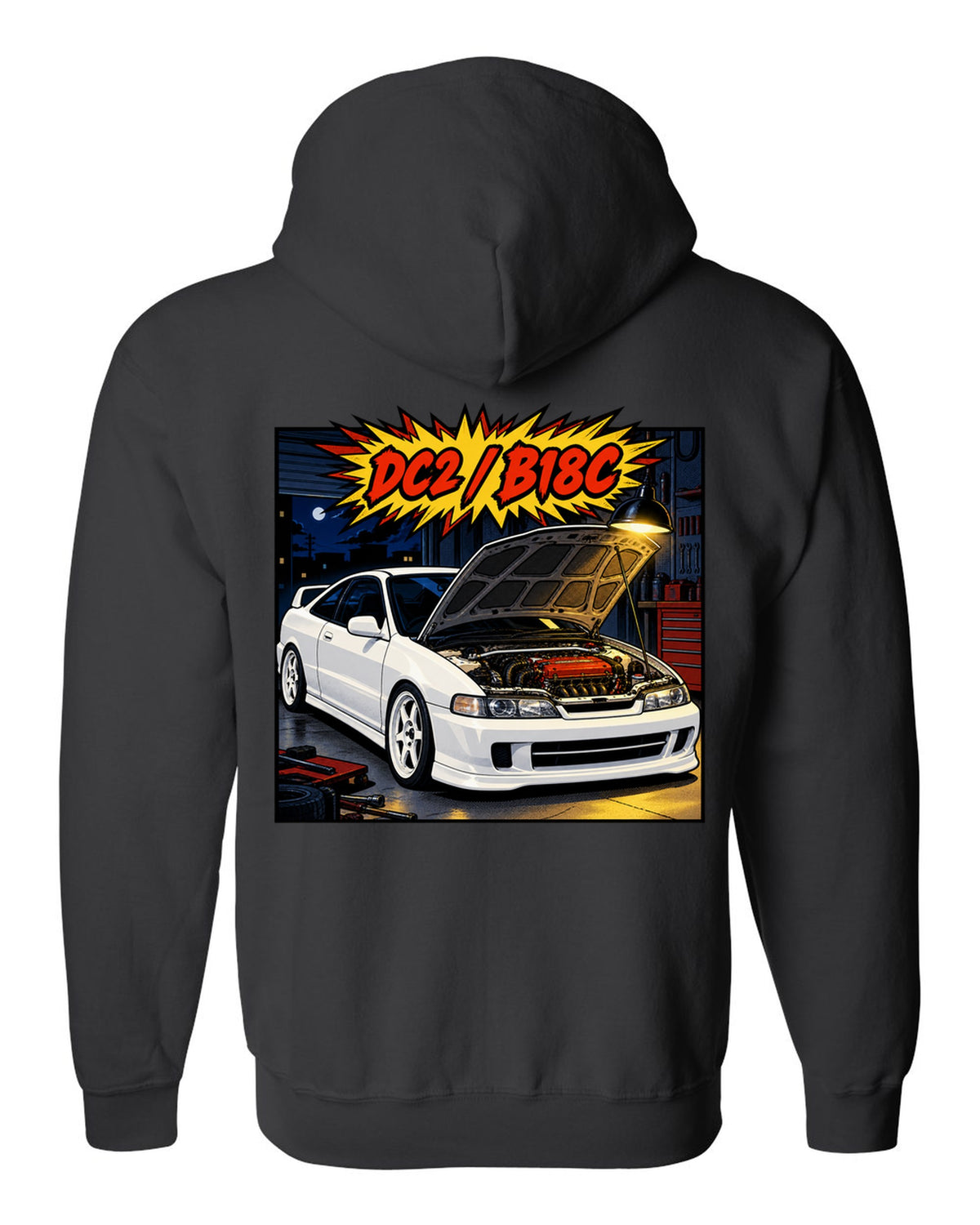 Comic book panel action burst print of a Honda Integra Type R DC2 with bonnet up and B18C text black zip hoodie back view with the design