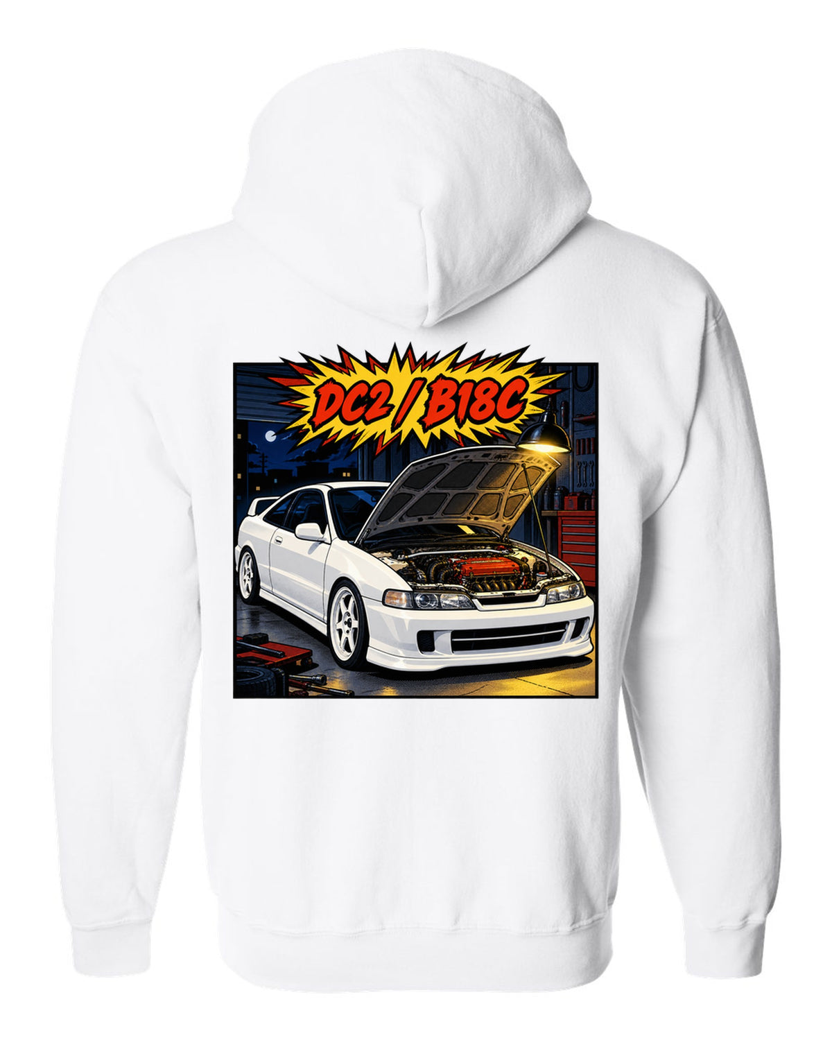 Comic book panel action burst print of a Honda Integra Type R DC2 with bonnet up and B18C text white zip hoodie back view with the design