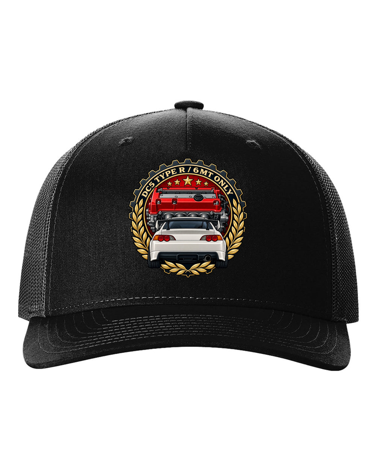 Cel-shaded anime night touge scene with a Honda Integra Type R DC5 black hat front view with the design