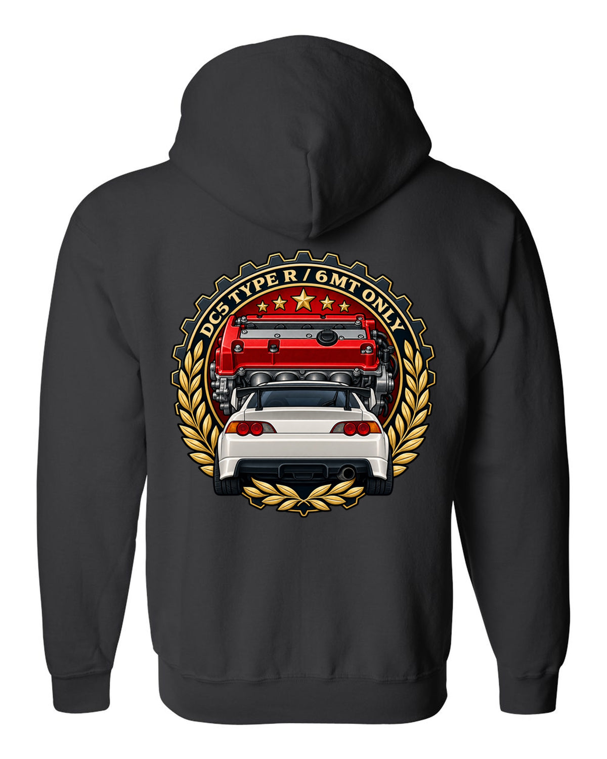 Cel-shaded anime night touge scene with a Honda Integra Type R DC5 black zip hoodie back view with the design