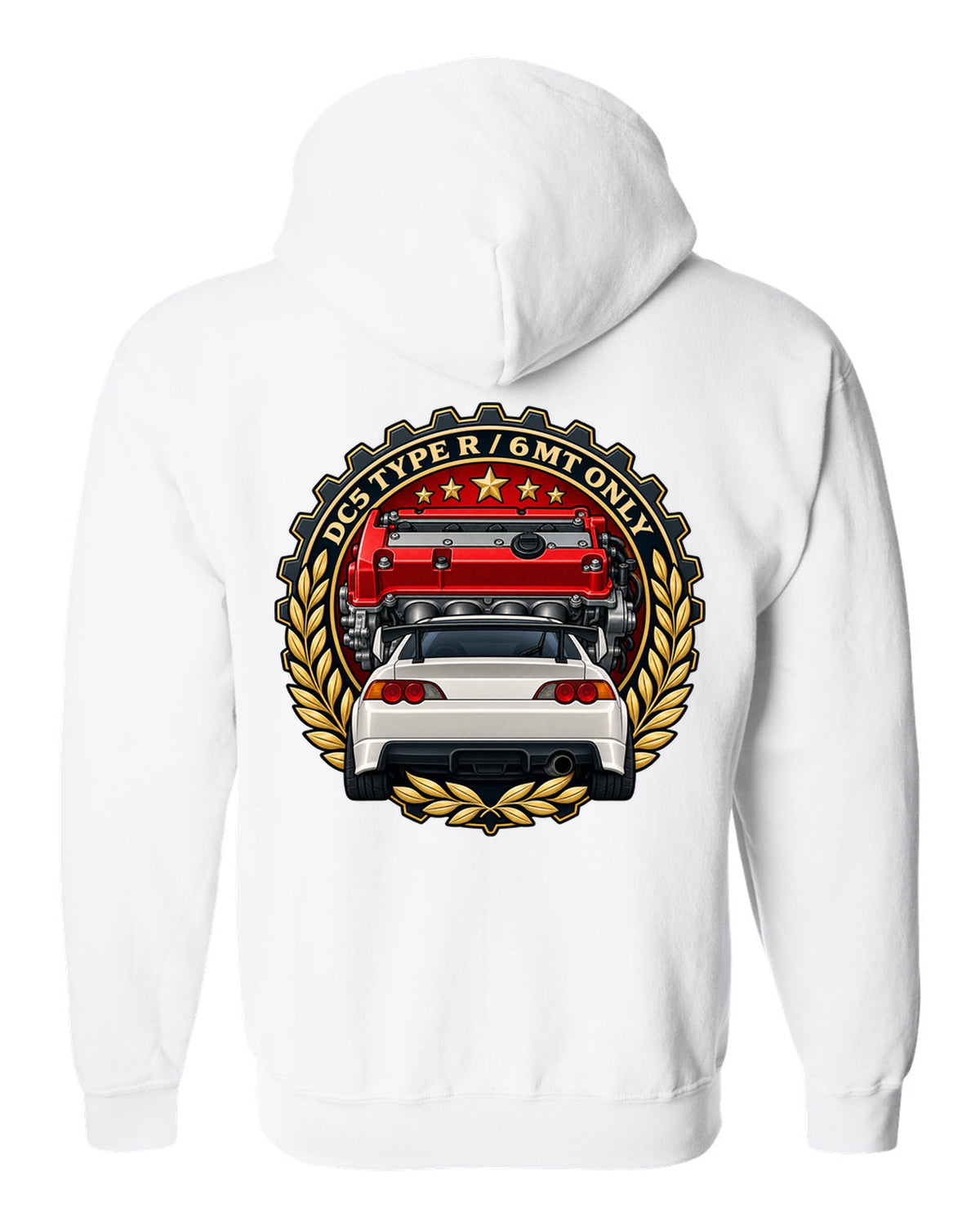 Cel-shaded anime night touge scene with a Honda Integra Type R DC5 white zip hoodie back view with the design