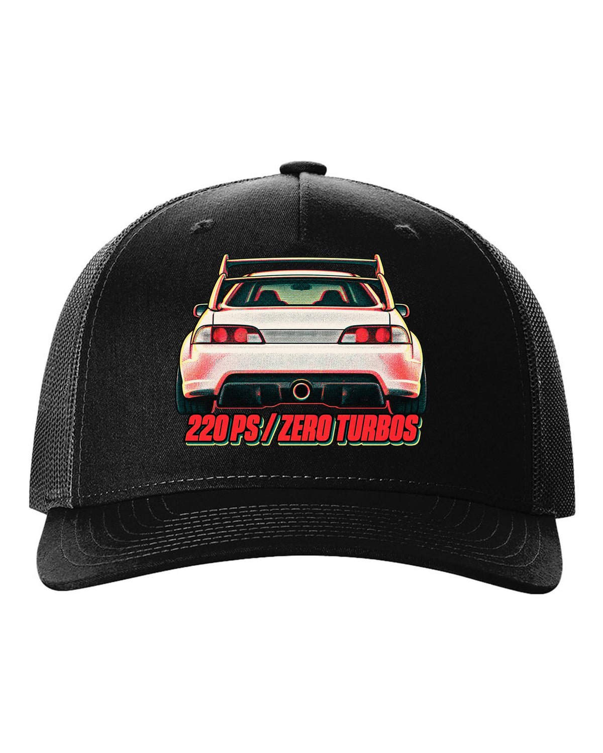 Risograph duotone print of a Honda Integra Type R DC5 with 220 PS zero turbos text black hat front view with the design
