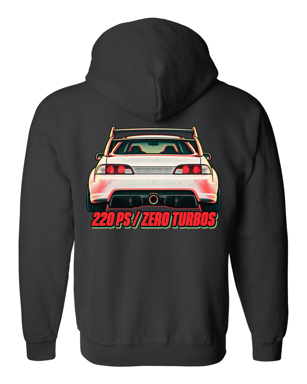 Risograph duotone print of a Honda Integra Type R DC5 with 220 PS zero turbos text black zip hoodie back view with the design