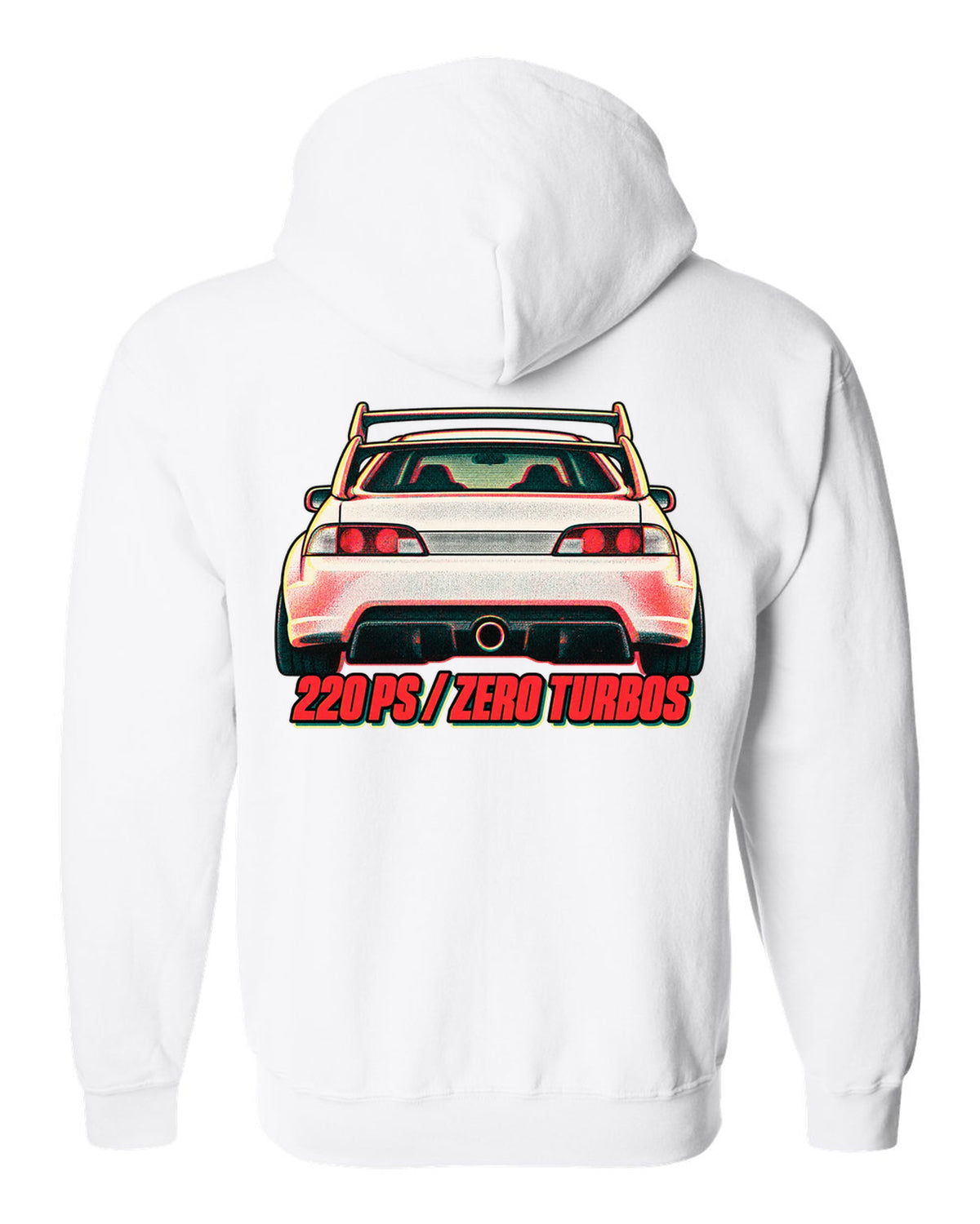 Risograph duotone print of a Honda Integra Type R DC5 with 220 PS zero turbos text white zip hoodie back view with the design