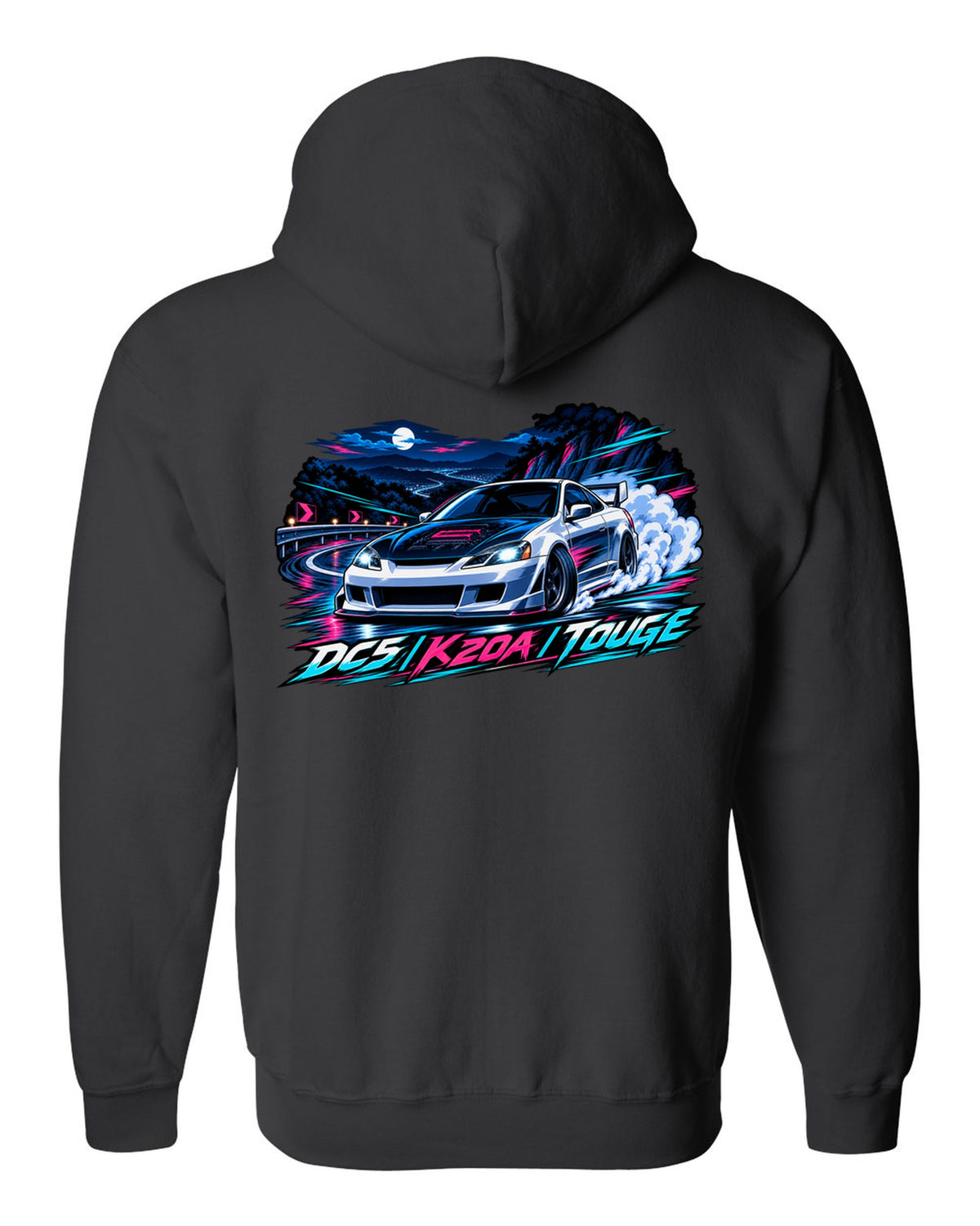 Crest layout print for the Honda Integra Type R DC5 with 6MT only text black zip hoodie back view with the design