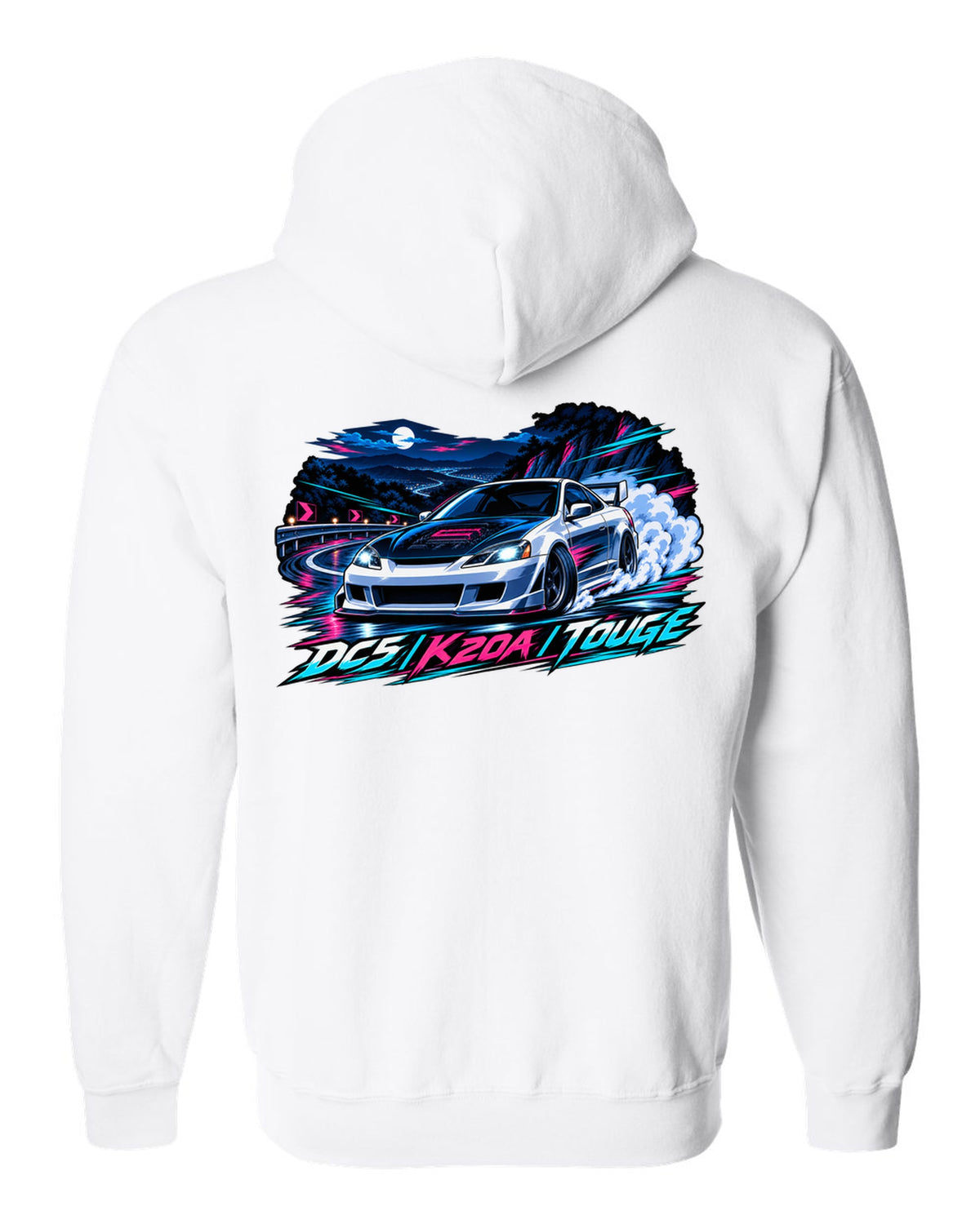 Crest layout print for the Honda Integra Type R DC5 with 6MT only text white zip hoodie back view with the design