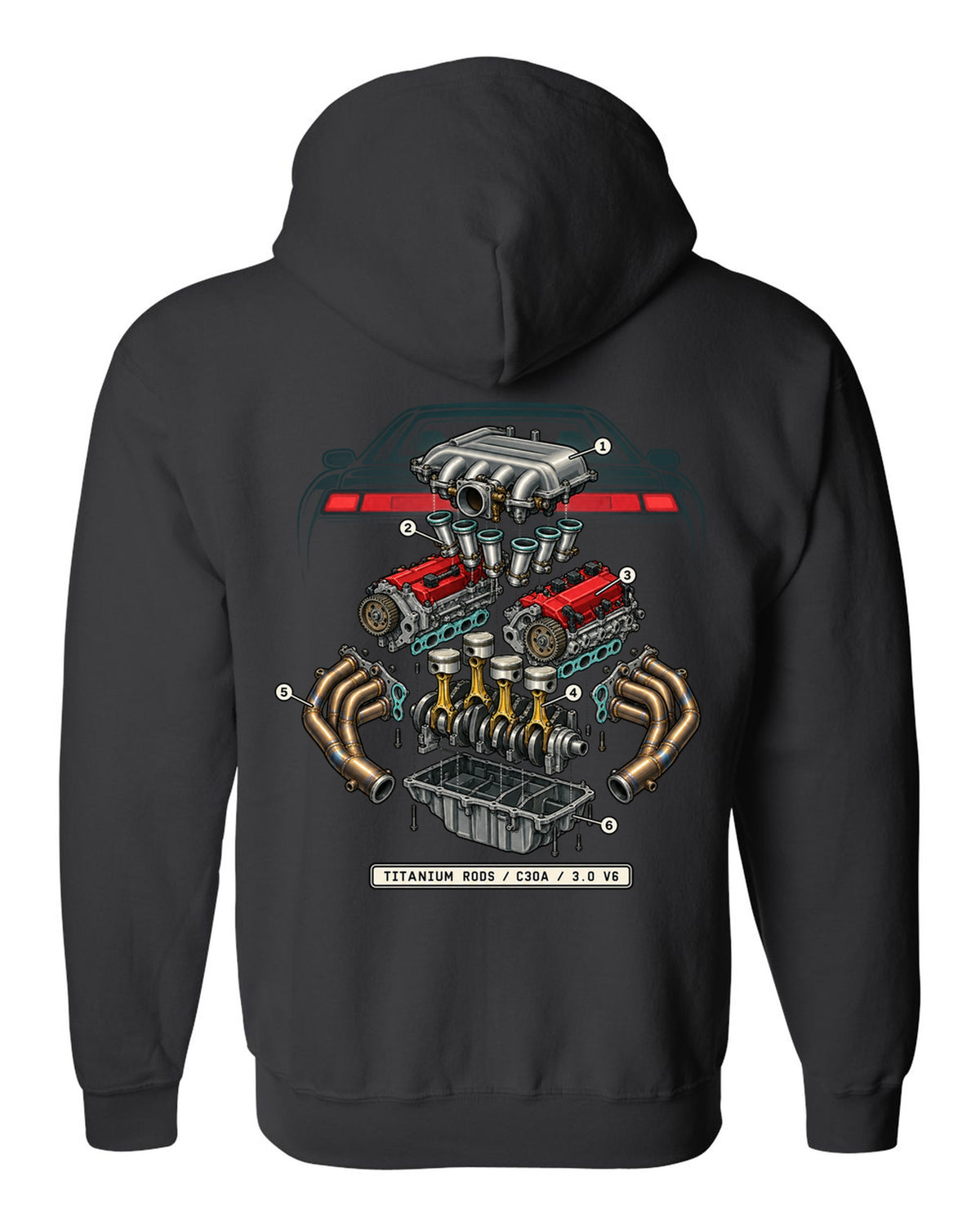 Isometric engine schematic print for the Honda NSX NA1 C30A with titanium rods text black zip hoodie back view with the design
