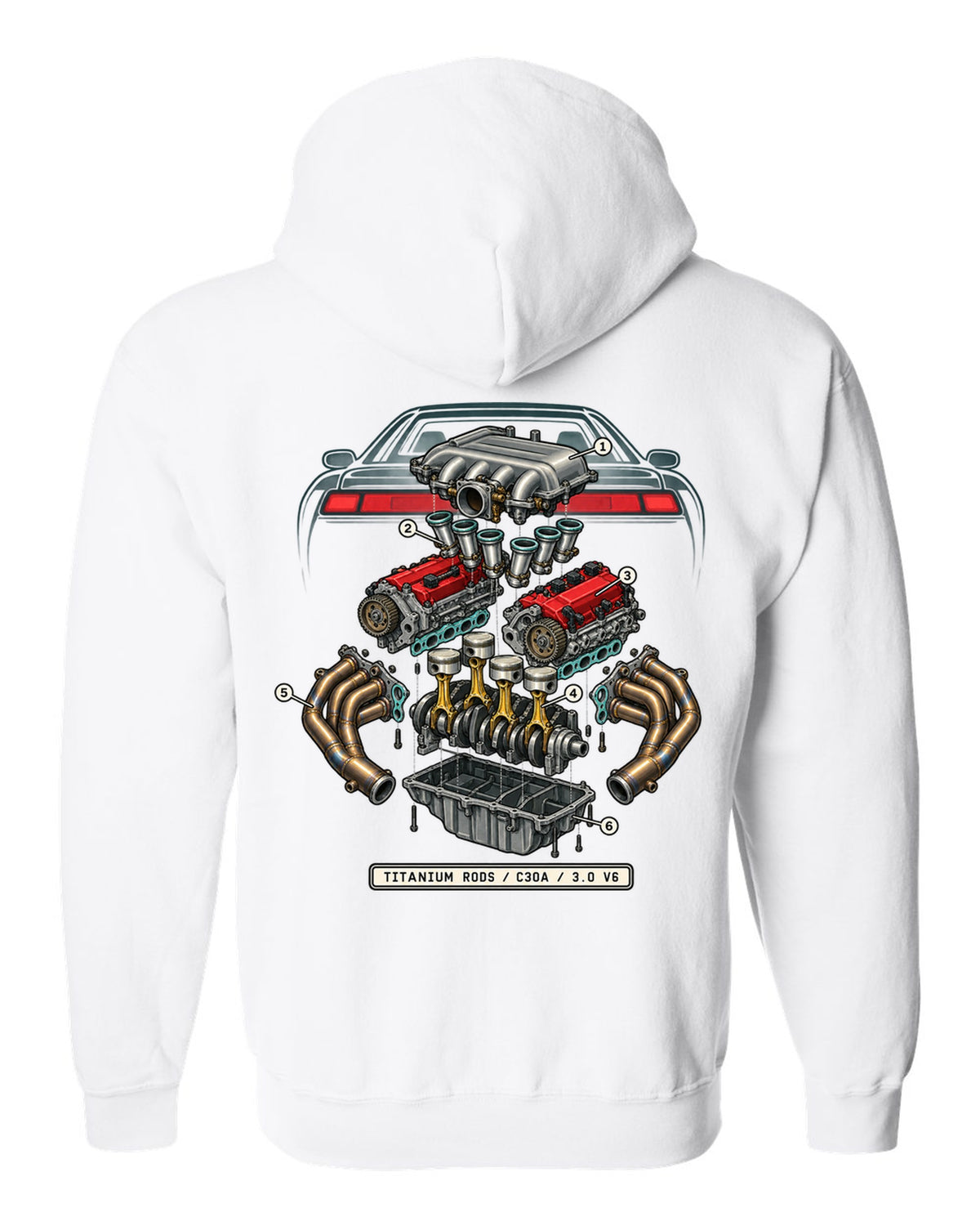 Isometric engine schematic print for the Honda NSX NA1 C30A with titanium rods text white zip hoodie back view with the design