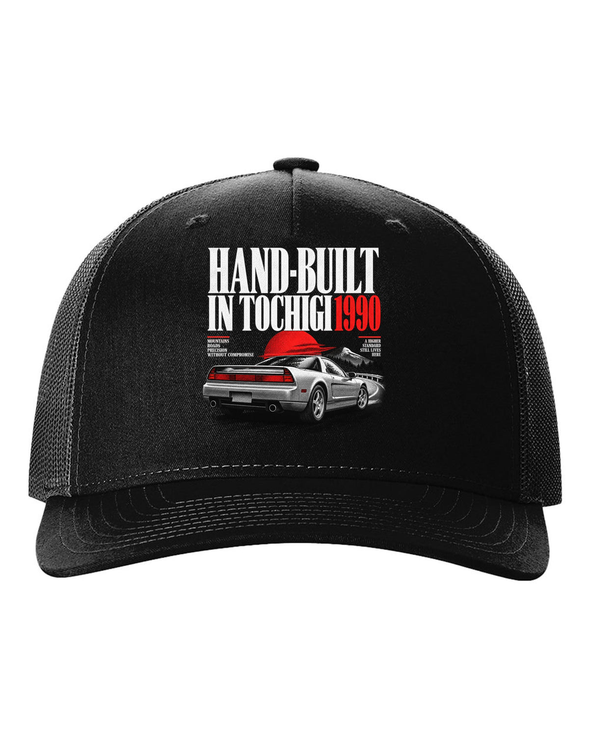 Honda NSX NA1 editorial headline design with hand-built in Tochigi 1990 text black hat front view with the design