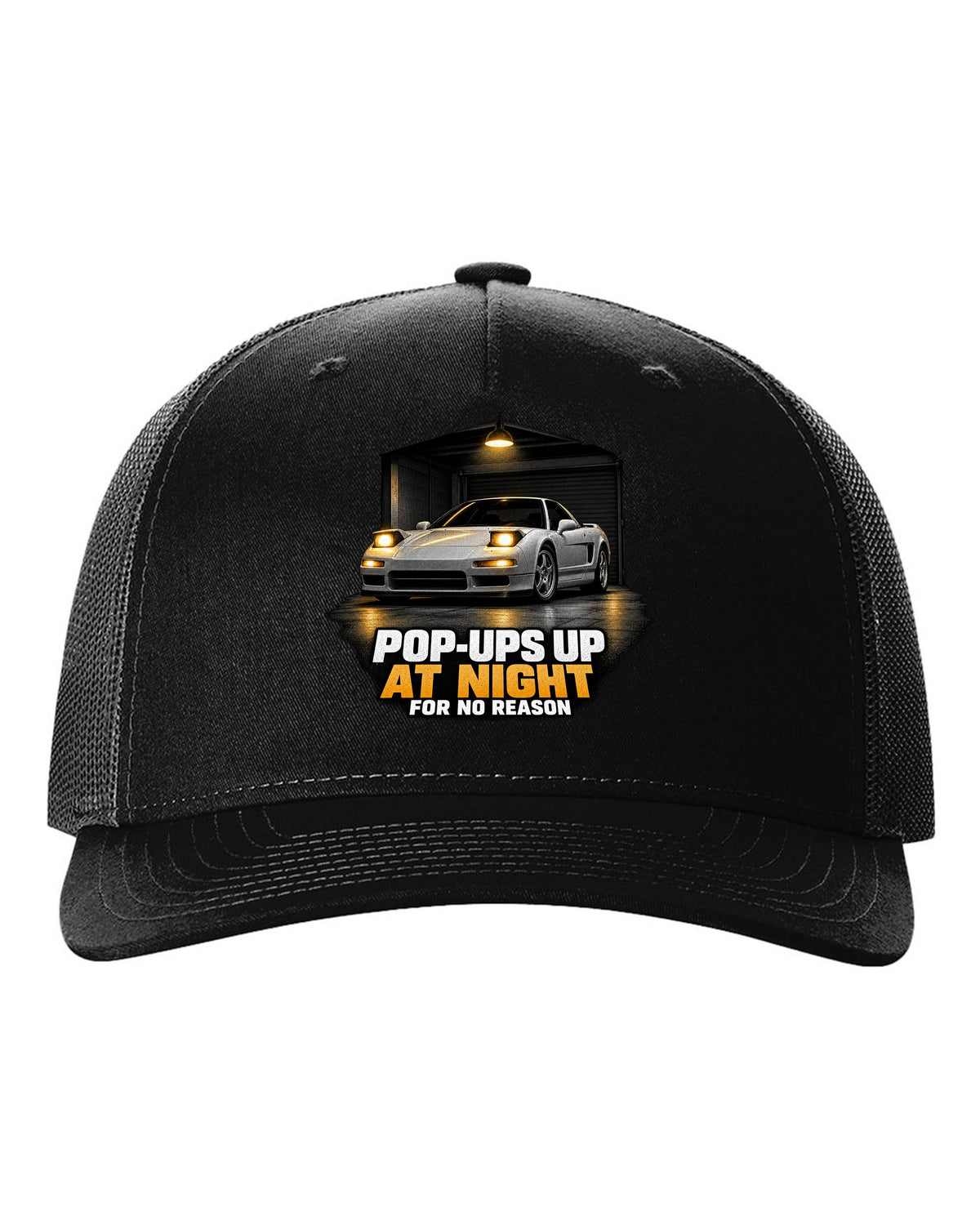 Honda NSX NA1 garage night design with pop-ups up at night for no reason text black hat front view with the design