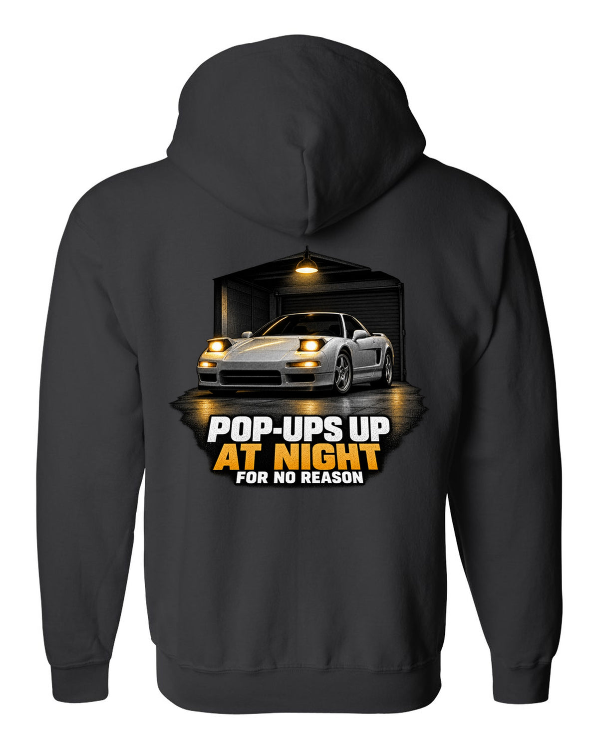 Honda NSX NA1 garage night design with pop-ups up at night for no reason text black zip hoodie back view with the design
