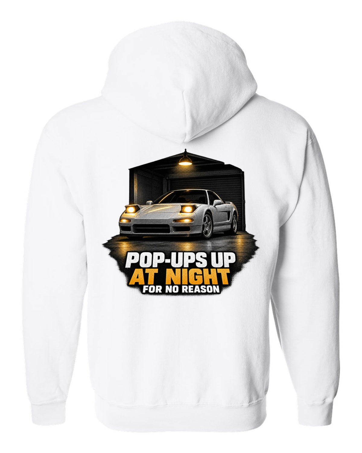 Honda NSX NA1 garage night design with pop-ups up at night for no reason text white zip hoodie back view with the design
