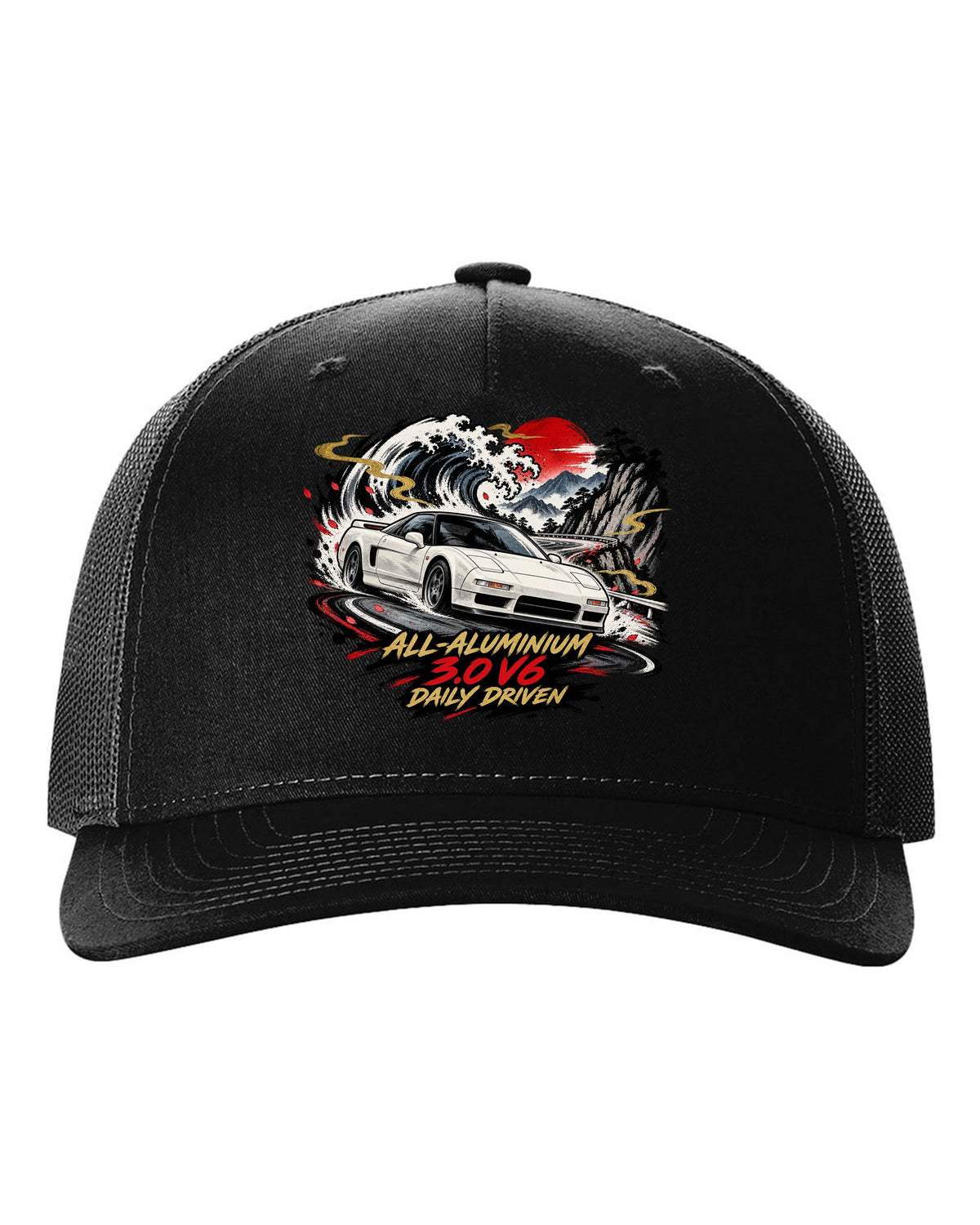 Sumi-e ink wave style print of a Honda NSX NA1 with all-aluminium 3.0 V6 daily driven text black hat front view with the design