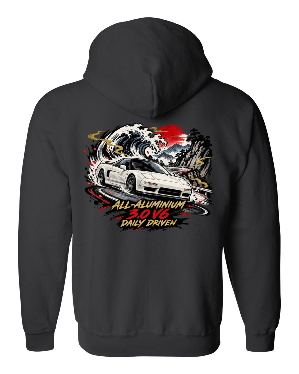 Sumi-e ink wave style print of a Honda NSX NA1 with all-aluminium 3.0 V6 daily driven text black zip hoodie back view with the design