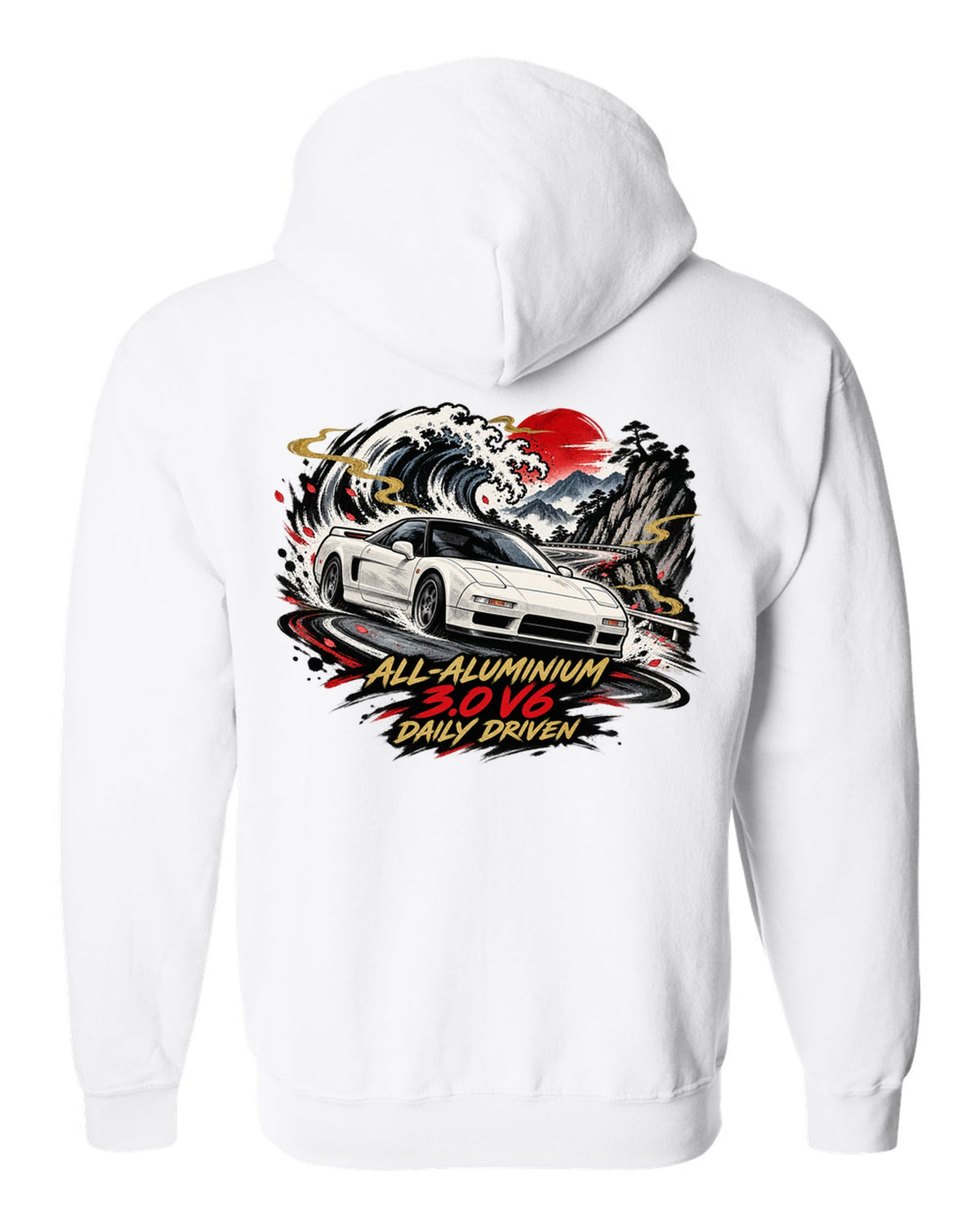 Sumi-e ink wave style print of a Honda NSX NA1 with all-aluminium 3.0 V6 daily driven text white zip hoodie back view with the design
