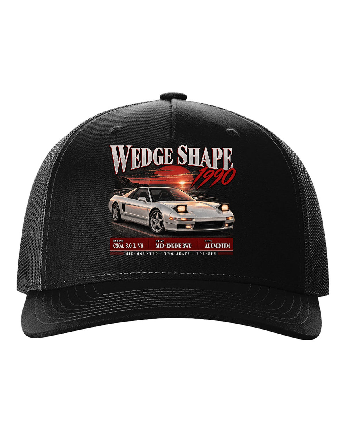 Honda NSX NA1 archive panel design with wedge shape 1990 text black hat front view with the design