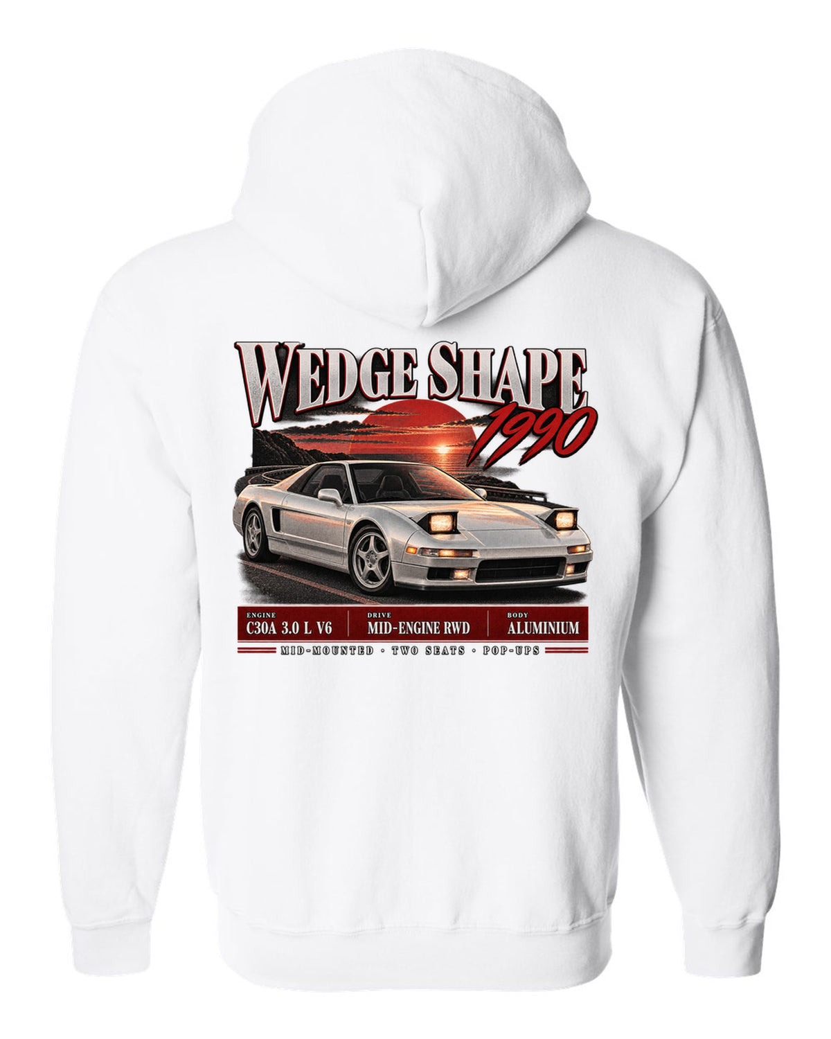 Honda NSX NA1 archive panel design with wedge shape 1990 text white zip hoodie back view with the design