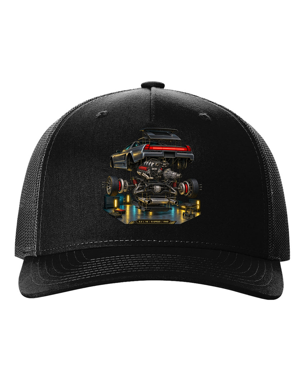 Isometric exploded diagram print of the Honda NSX NA2 with 3.2 L V6 6-speed RWD text black hat front view with the design