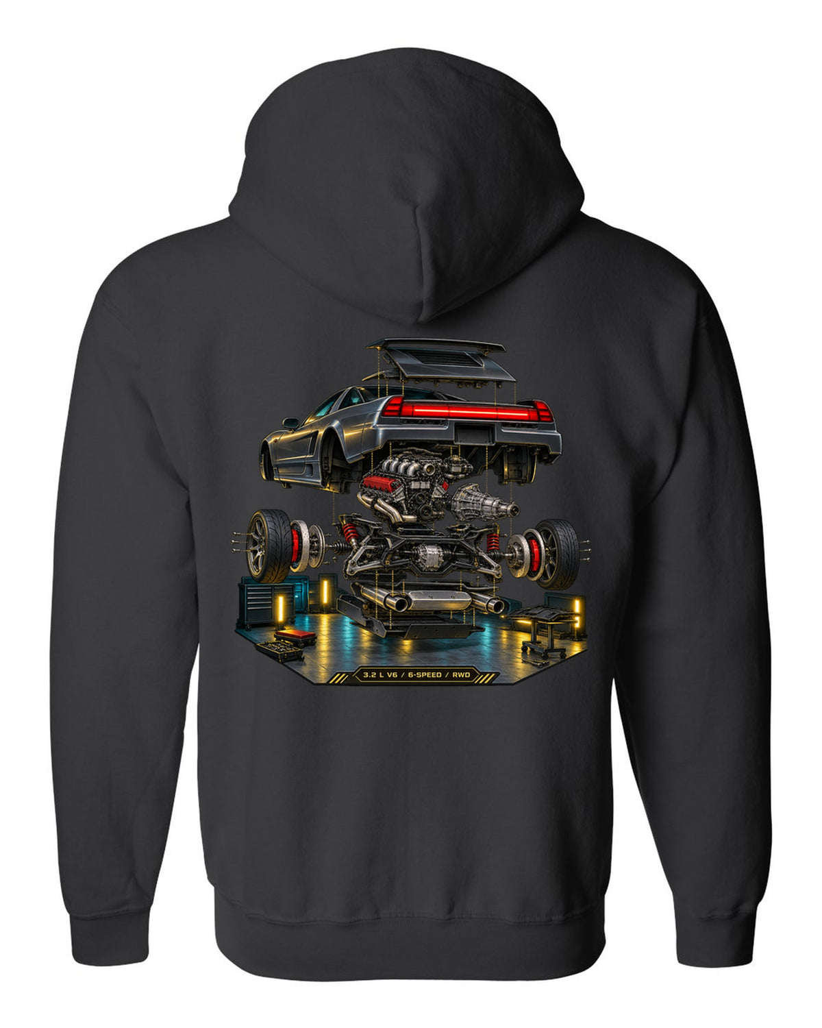 Isometric exploded diagram print of the Honda NSX NA2 with 3.2 L V6 6-speed RWD text black zip hoodie back view with the design