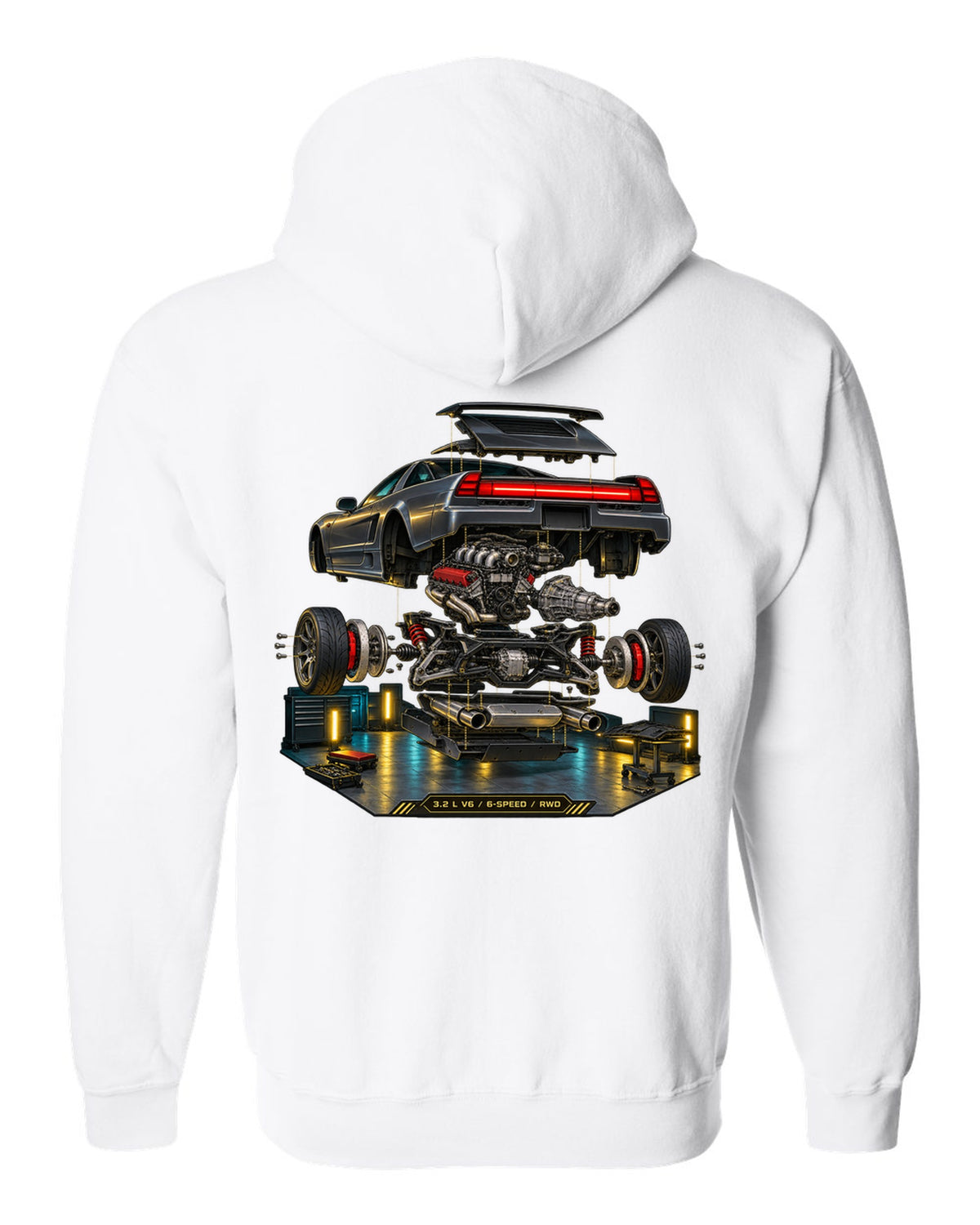 Isometric exploded diagram print of the Honda NSX NA2 with 3.2 L V6 6-speed RWD text white zip hoodie back view with the design