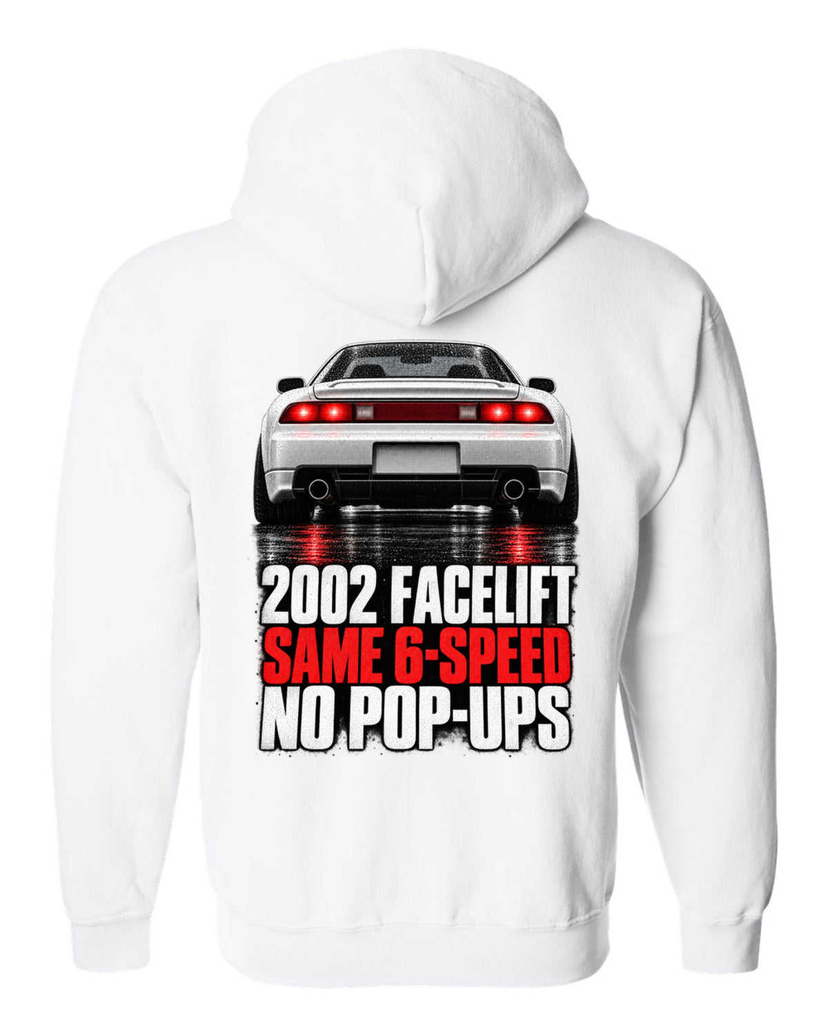 Honda NSX NA2 taillight detail design with 2002 facelift same 6-speed no pop-ups text white zip hoodie back view with the design