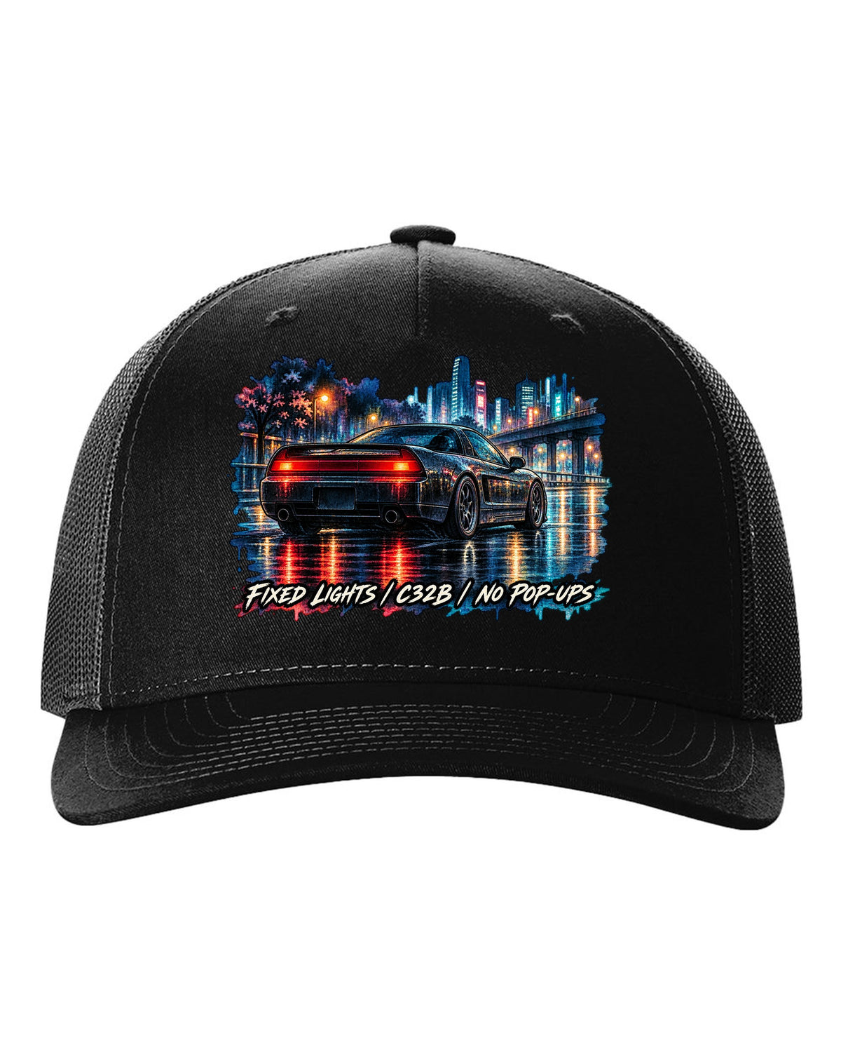 Watercolour wet-road night print of a Honda NSX NA2 with fixed lights C32B no pop-ups text black hat front view with the design