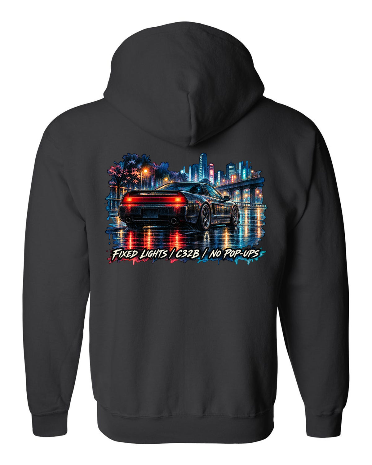 Watercolour wet-road night print of a Honda NSX NA2 with fixed lights C32B no pop-ups text black zip hoodie back view with the design