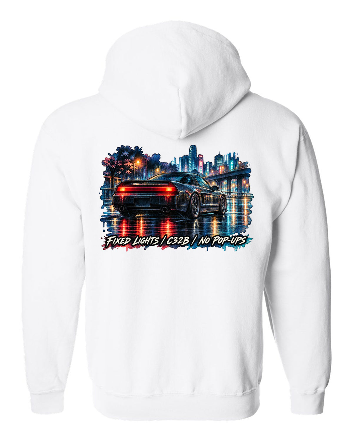 Watercolour wet-road night print of a Honda NSX NA2 with fixed lights C32B no pop-ups text white zip hoodie back view with the design
