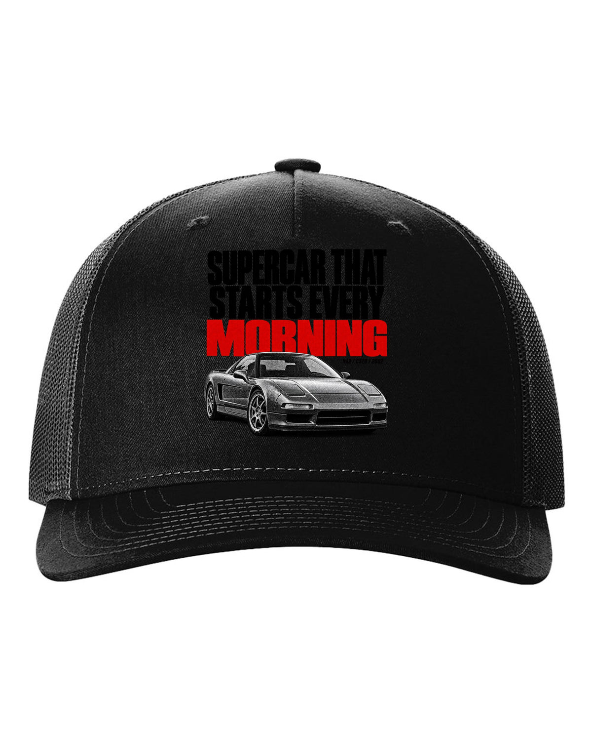 Honda NSX NA2 halftone statement design with supercar t starts every morning text black hat front view with the design