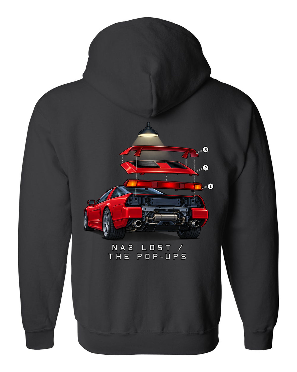 Isometric exploded taillight diagram of a 2002 Honda NSX NA2 with NA2 Lost The Pop-Ups lettering black zip hoodie back view with the design