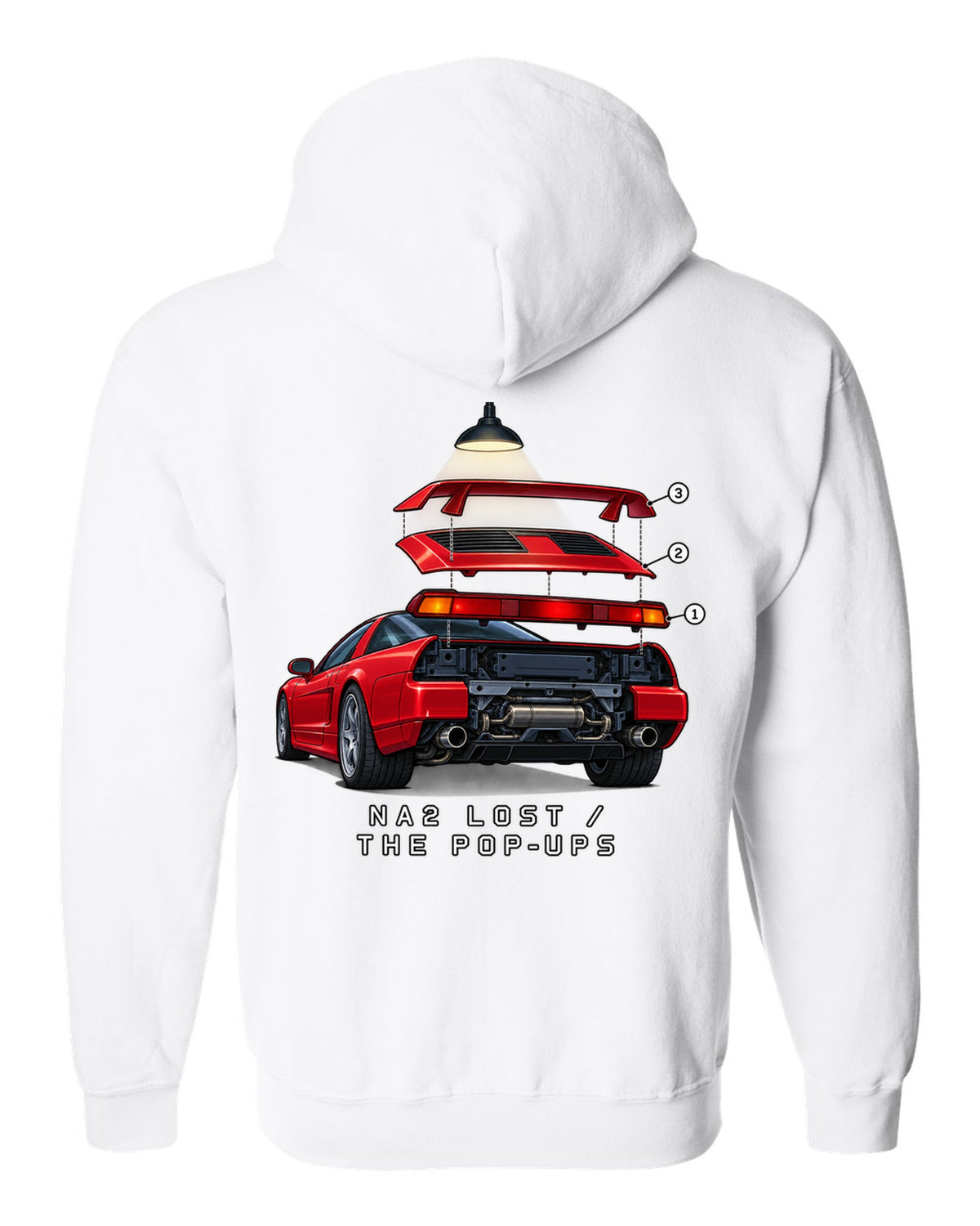 Isometric exploded taillight diagram of a 2002 Honda NSX NA2 with NA2 Lost The Pop-Ups lettering white zip hoodie back view with the design