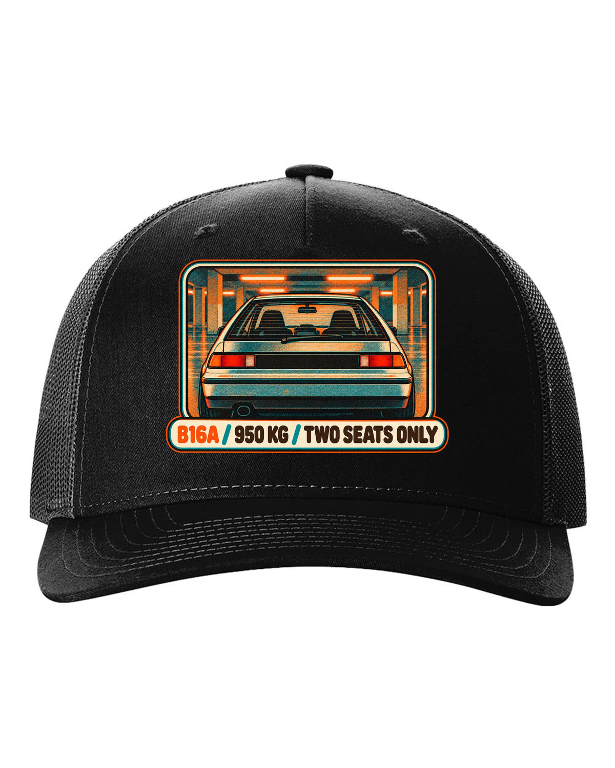 Grunge stencil print of a Honda NSX-R with No A/C No Stereo lettering black hat front view with the design
