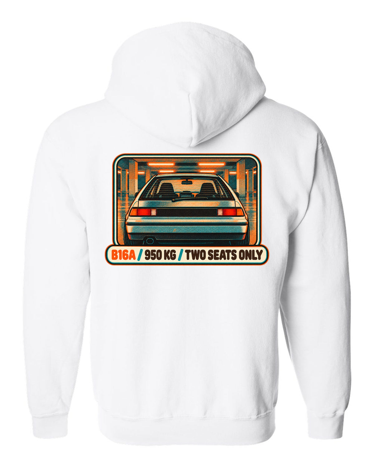 Grunge stencil print of a Honda NSX-R with No A/C No Stereo lettering white zip hoodie back view with the design