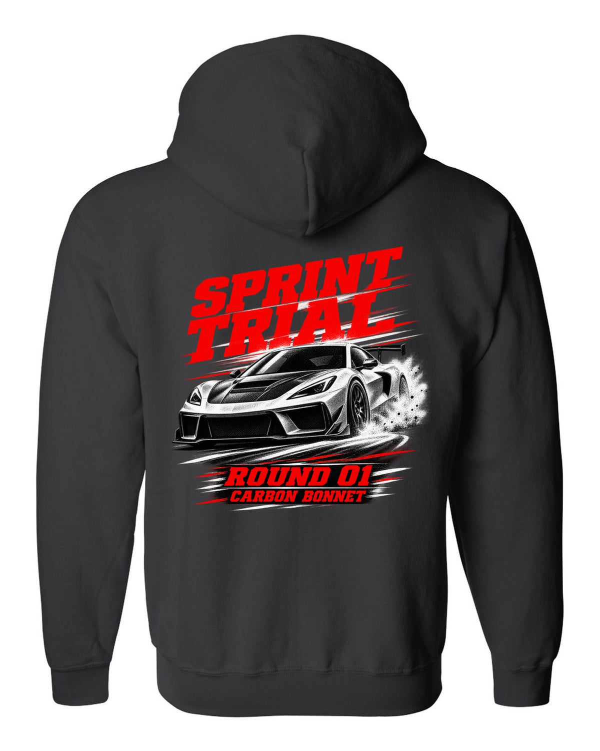 Honda NSX-R NA1 race poster design with sprint trial round 01 carbon bonnet text black zip hoodie back view with the design
