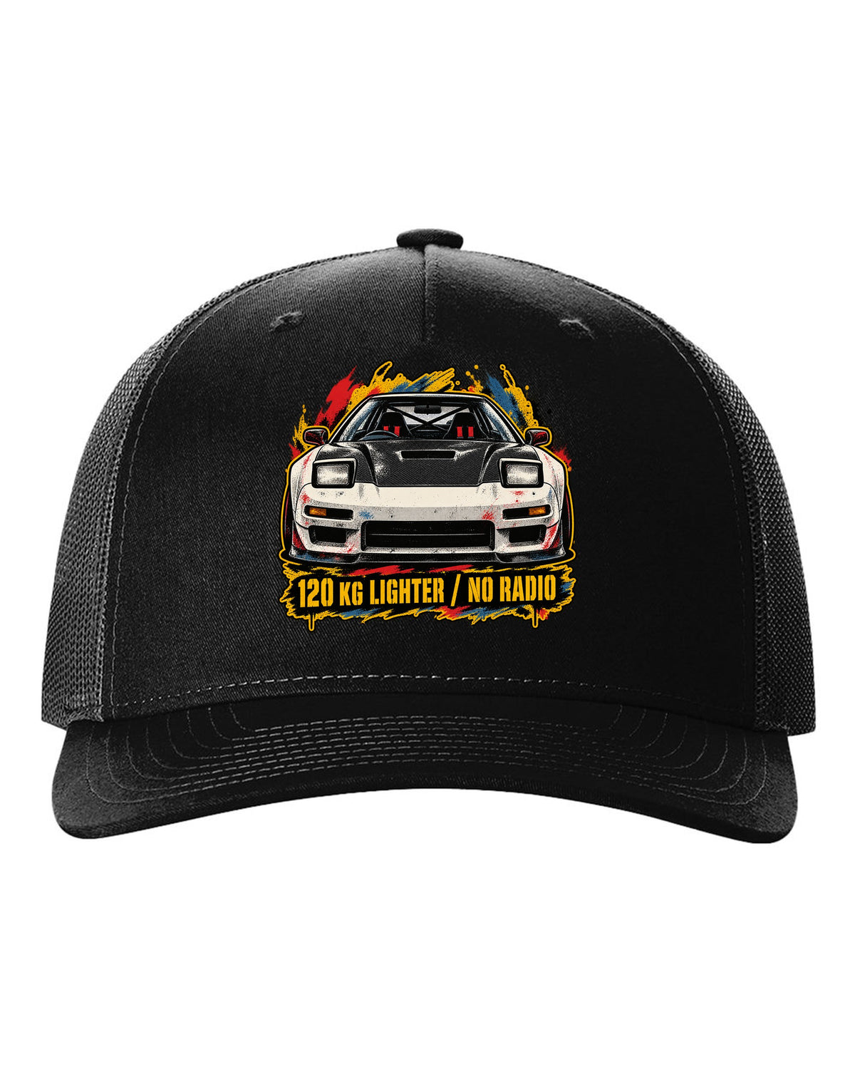 Grunge screen-print stencil print of a Honda NSX-R NA1 with 120 KG lighter no radio text black hat front view with the design