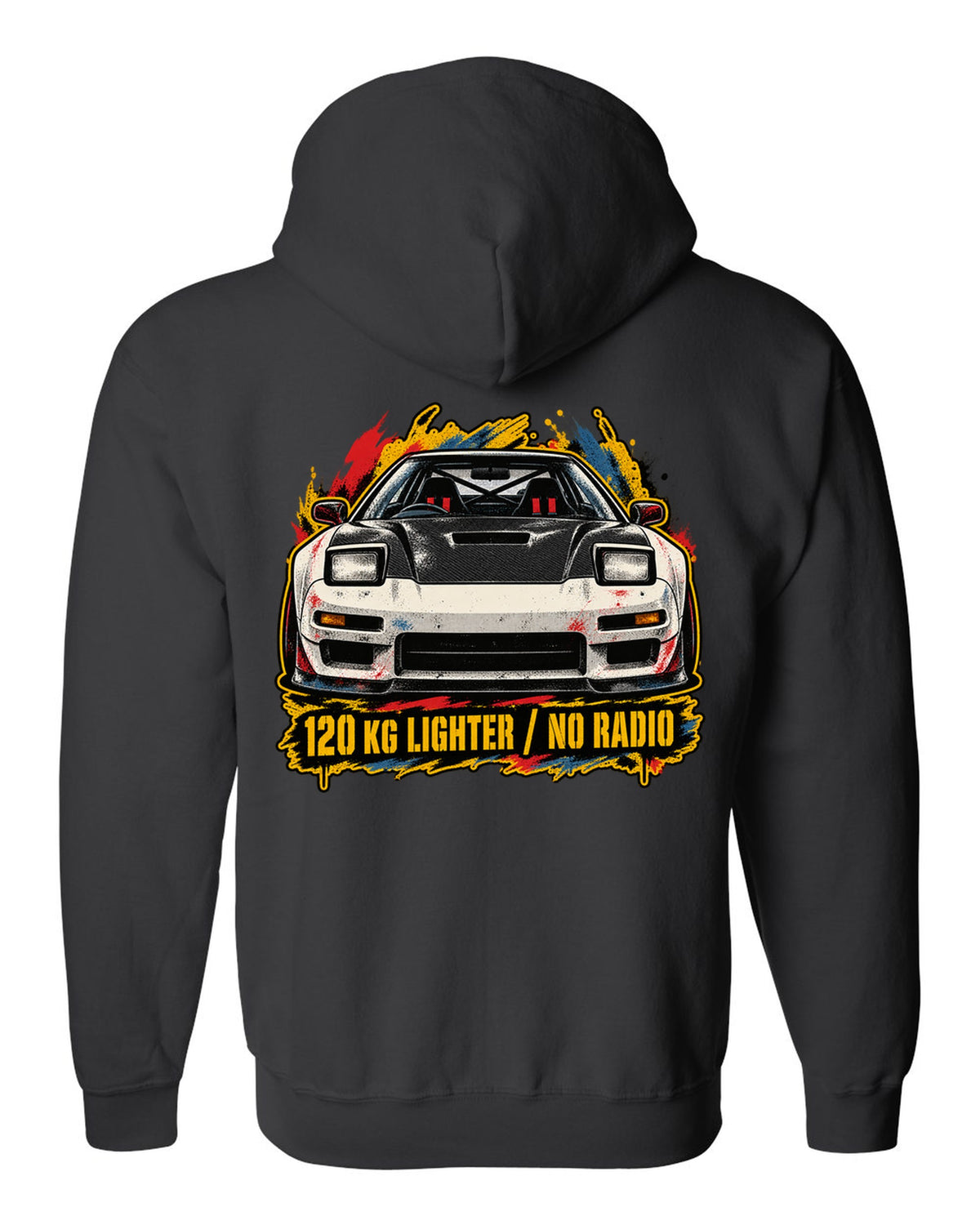 Grunge screen-print stencil print of a Honda NSX-R NA1 with 120 KG lighter no radio text black zip hoodie back view with the design
