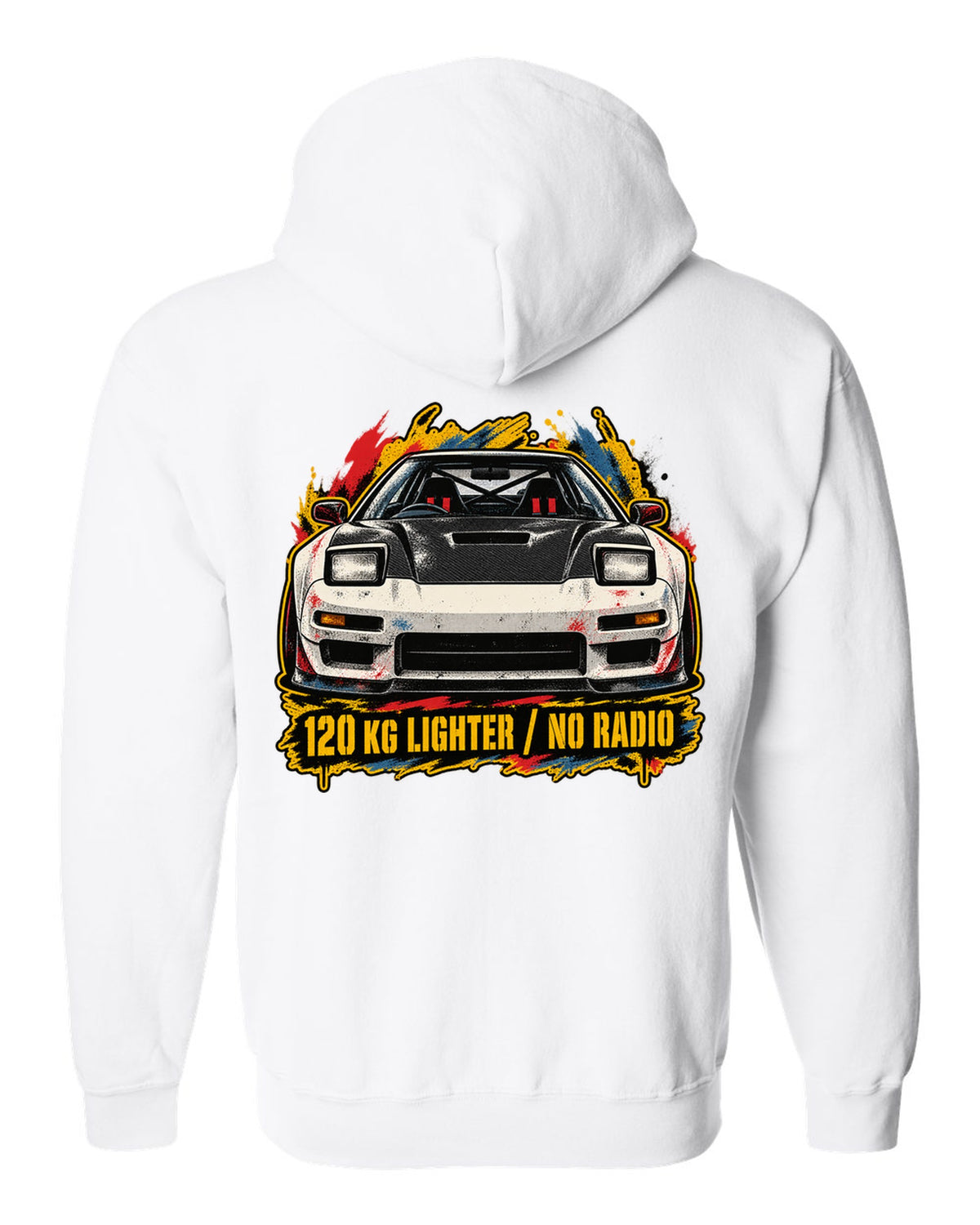 Grunge screen-print stencil print of a Honda NSX-R NA1 with 120 KG lighter no radio text white zip hoodie back view with the design