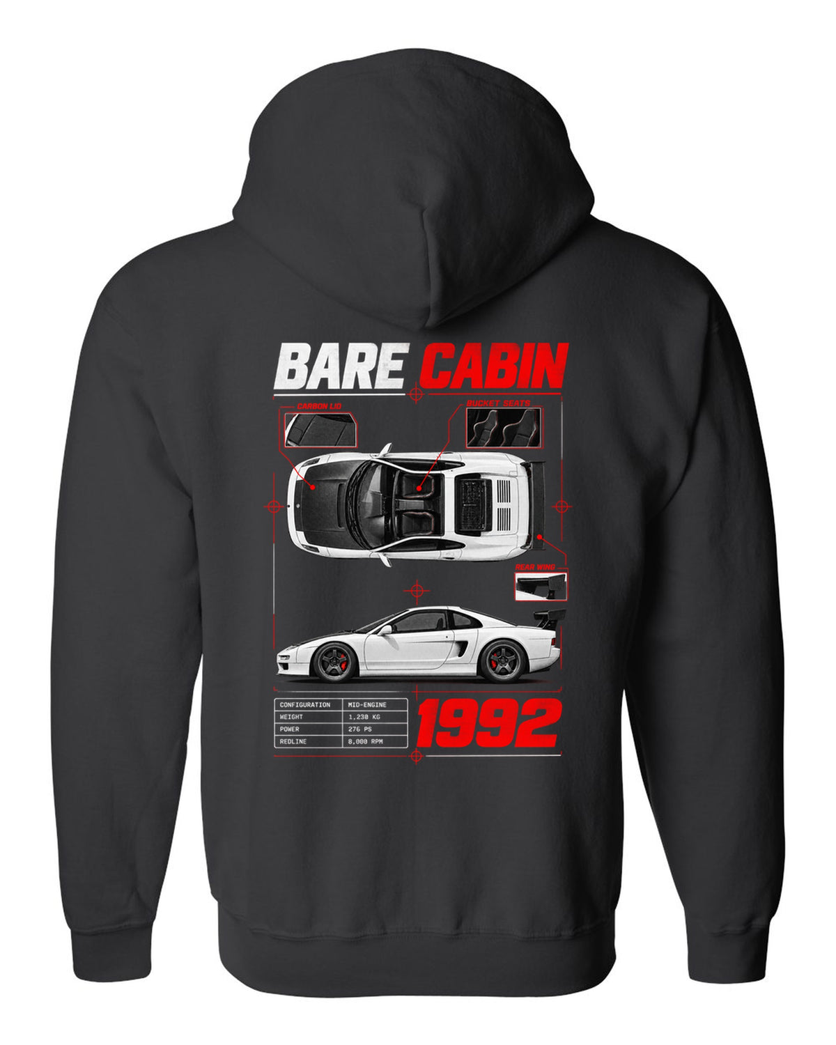 Spec poster print for the 1992 Honda NSX-R NA1 listing bare cabin, bucket seats and carbon lid black zip hoodie back view with the design