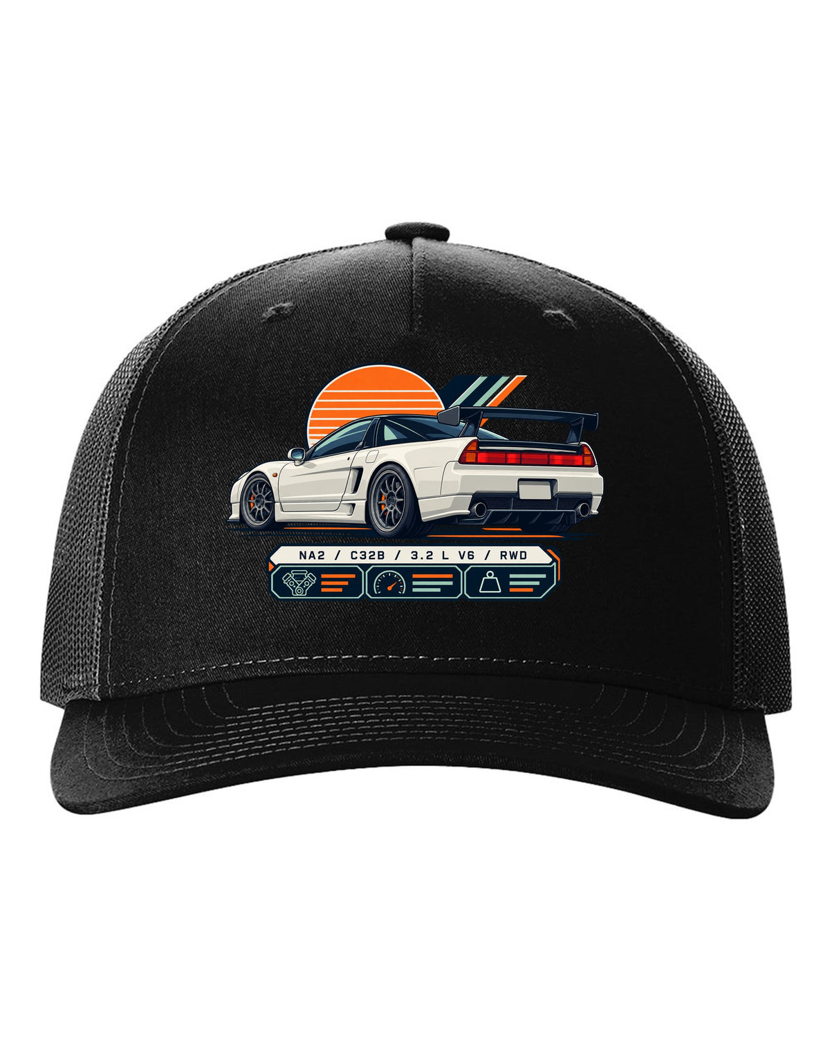 Spec-sheet data plate print of the Honda NSX-R NA2 with NA2 C32B 3.2 L V6 RWD text black hat front view with the design