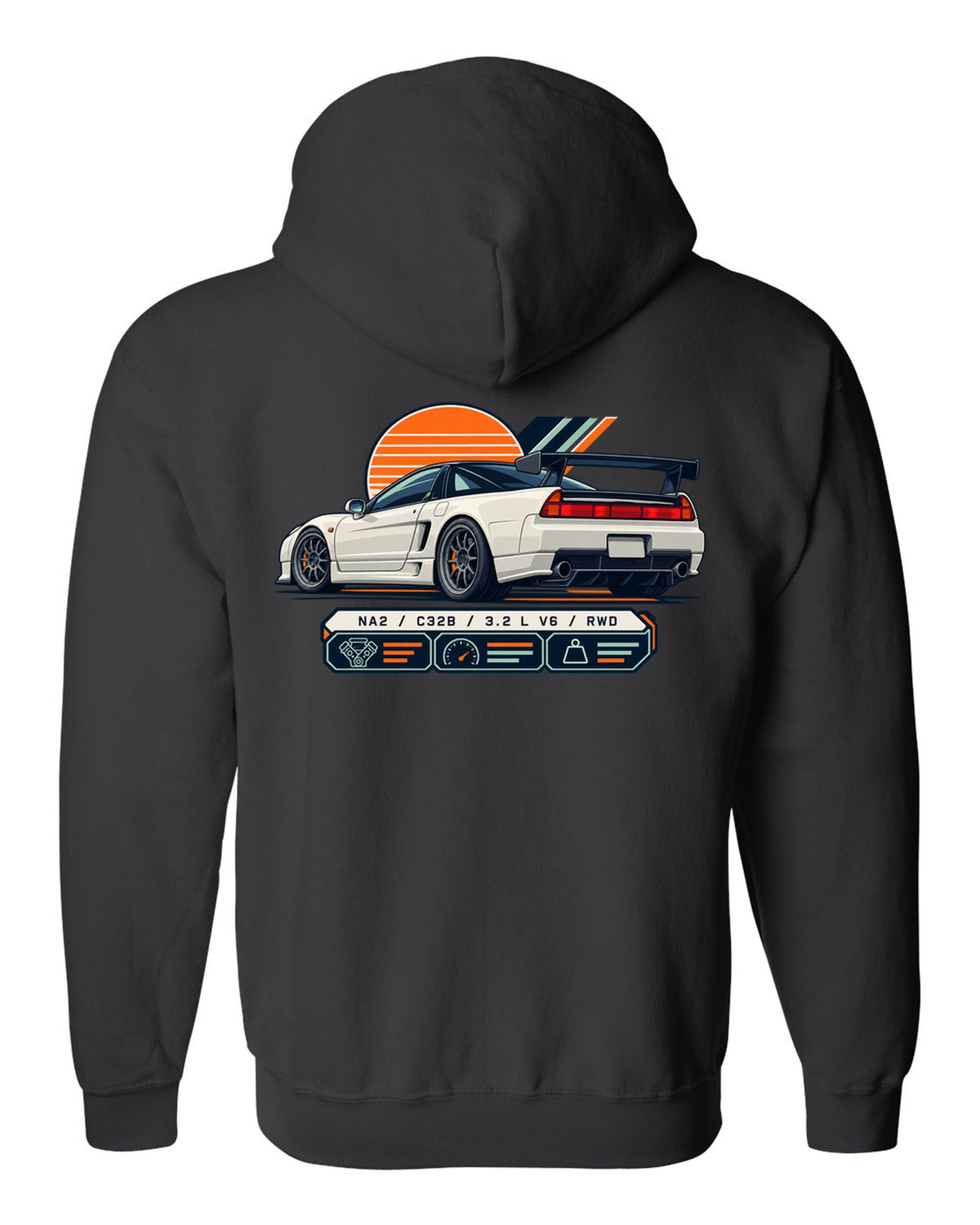 Spec-sheet data plate print of the Honda NSX-R NA2 with NA2 C32B 3.2 L V6 RWD text black zip hoodie back view with the design