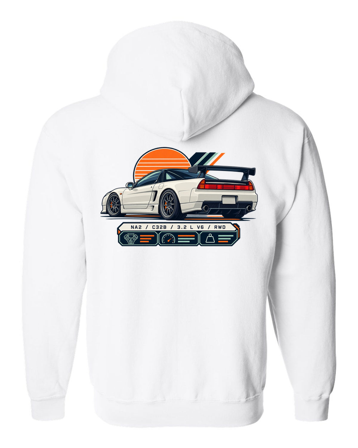 Spec-sheet data plate print of the Honda NSX-R NA2 with NA2 C32B 3.2 L V6 RWD text white zip hoodie back view with the design