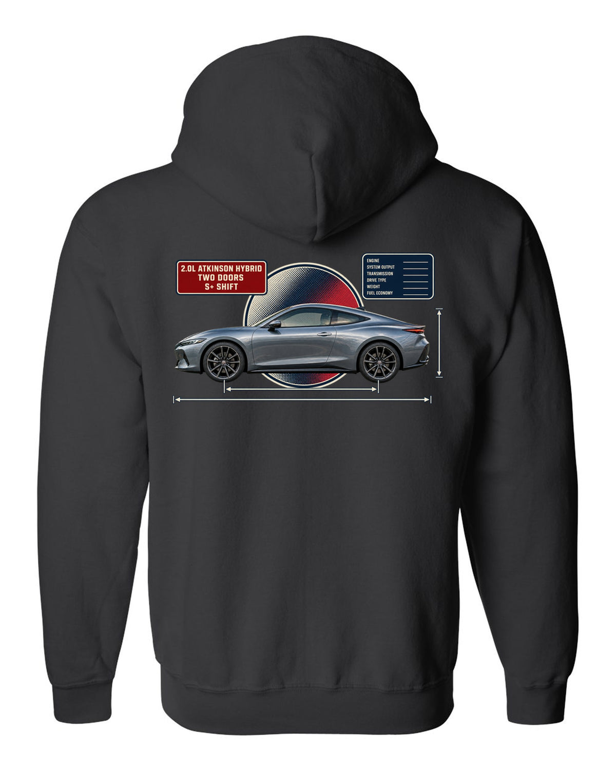 Honda Prelude 2026 sixth-gen dimension blueprint print black zip hoodie back view with the design