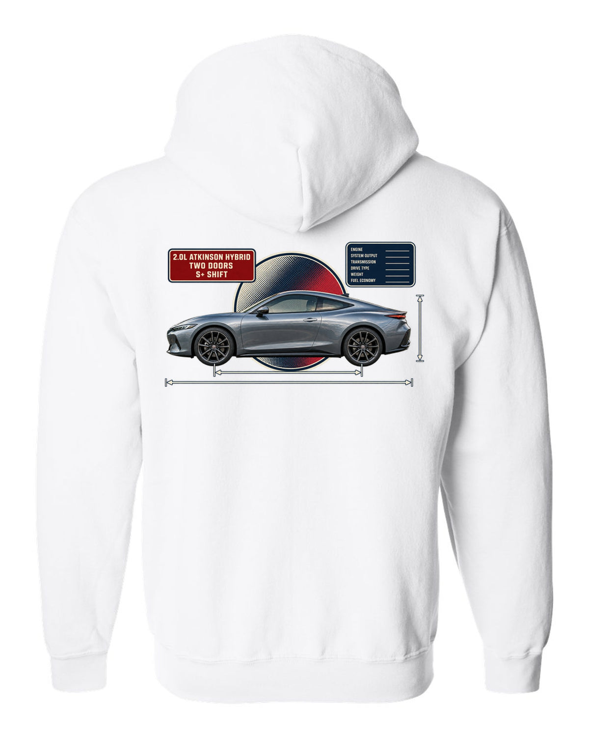 Honda Prelude 2026 sixth-gen dimension blueprint print white zip hoodie back view with the design