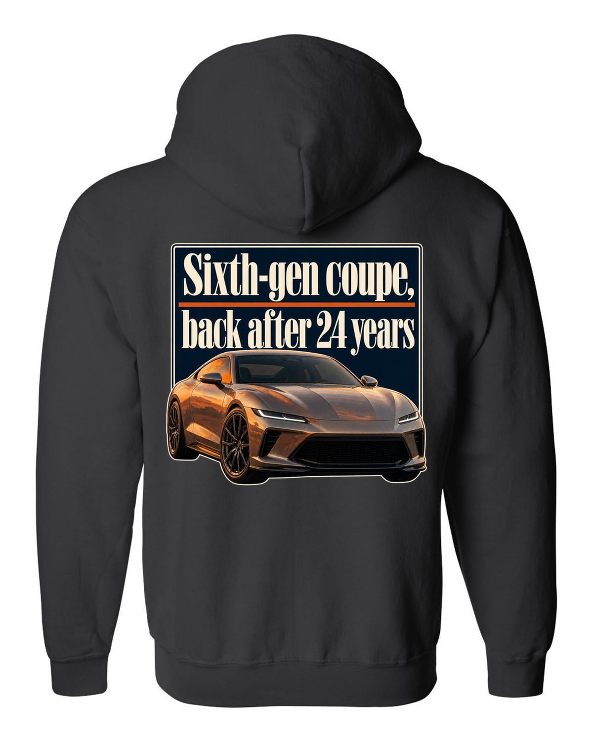 Honda Prelude 2026 sixth-gen editorial headline print black zip hoodie back view with the design
