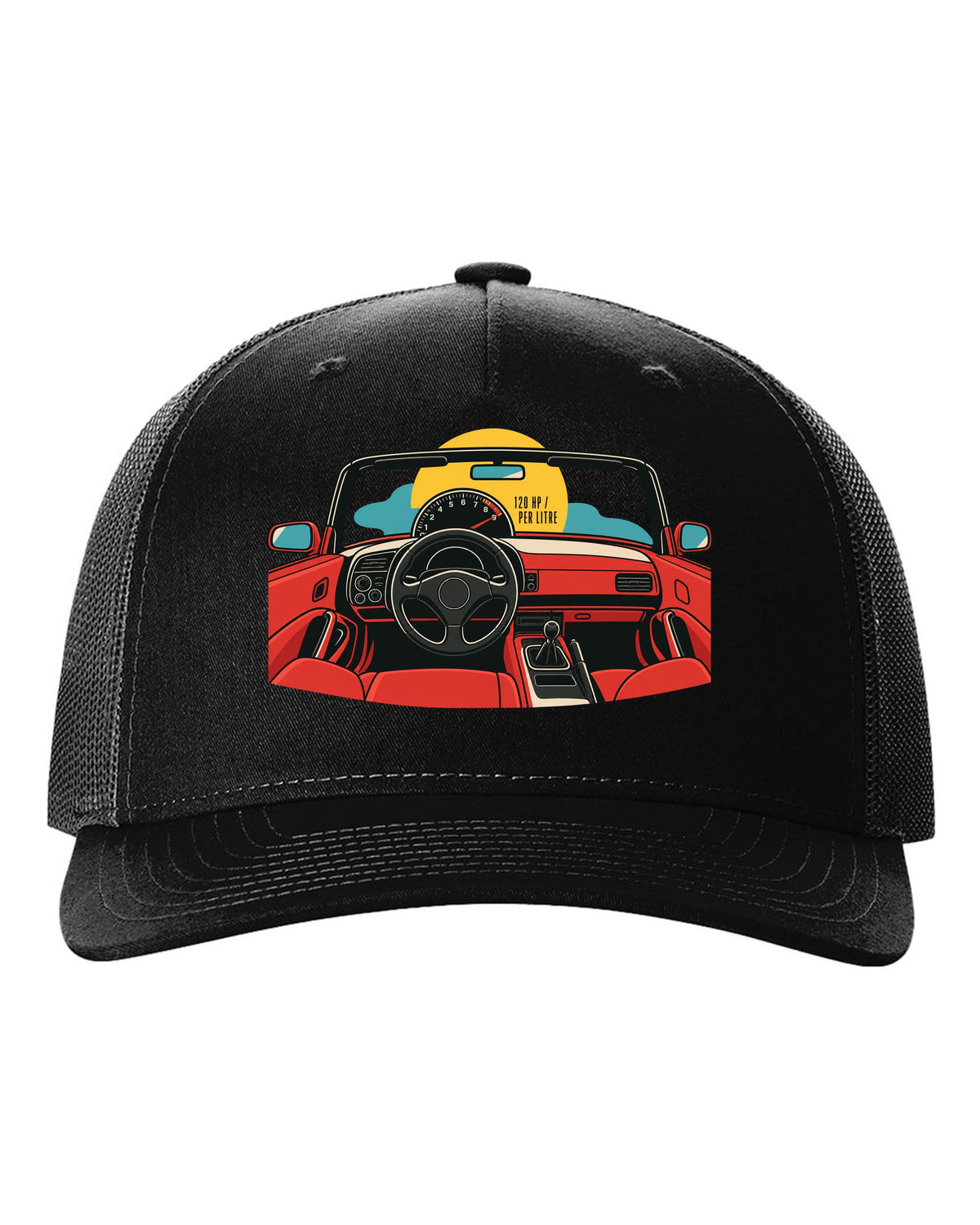 Minimal single-line contour art of a Honda S2000 AP1 with 120 HP per litre text black hat front view with the design