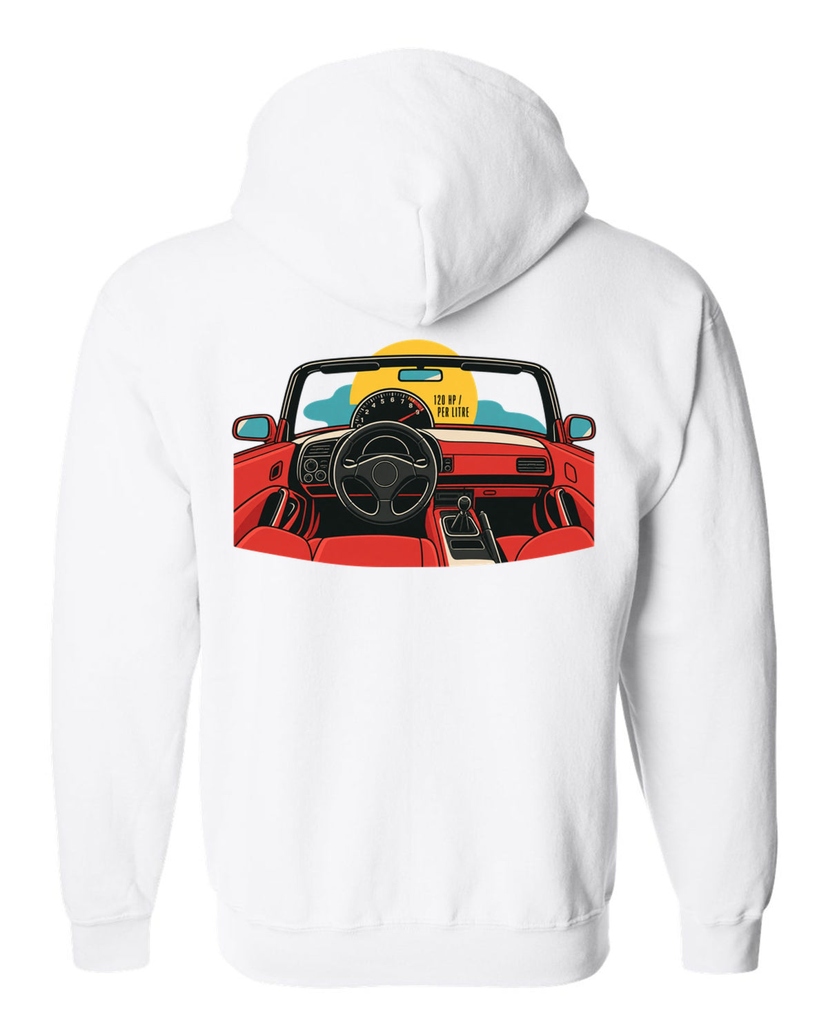 Minimal single-line contour art of a Honda S2000 AP1 with 120 HP per litre text white zip hoodie back view with the design